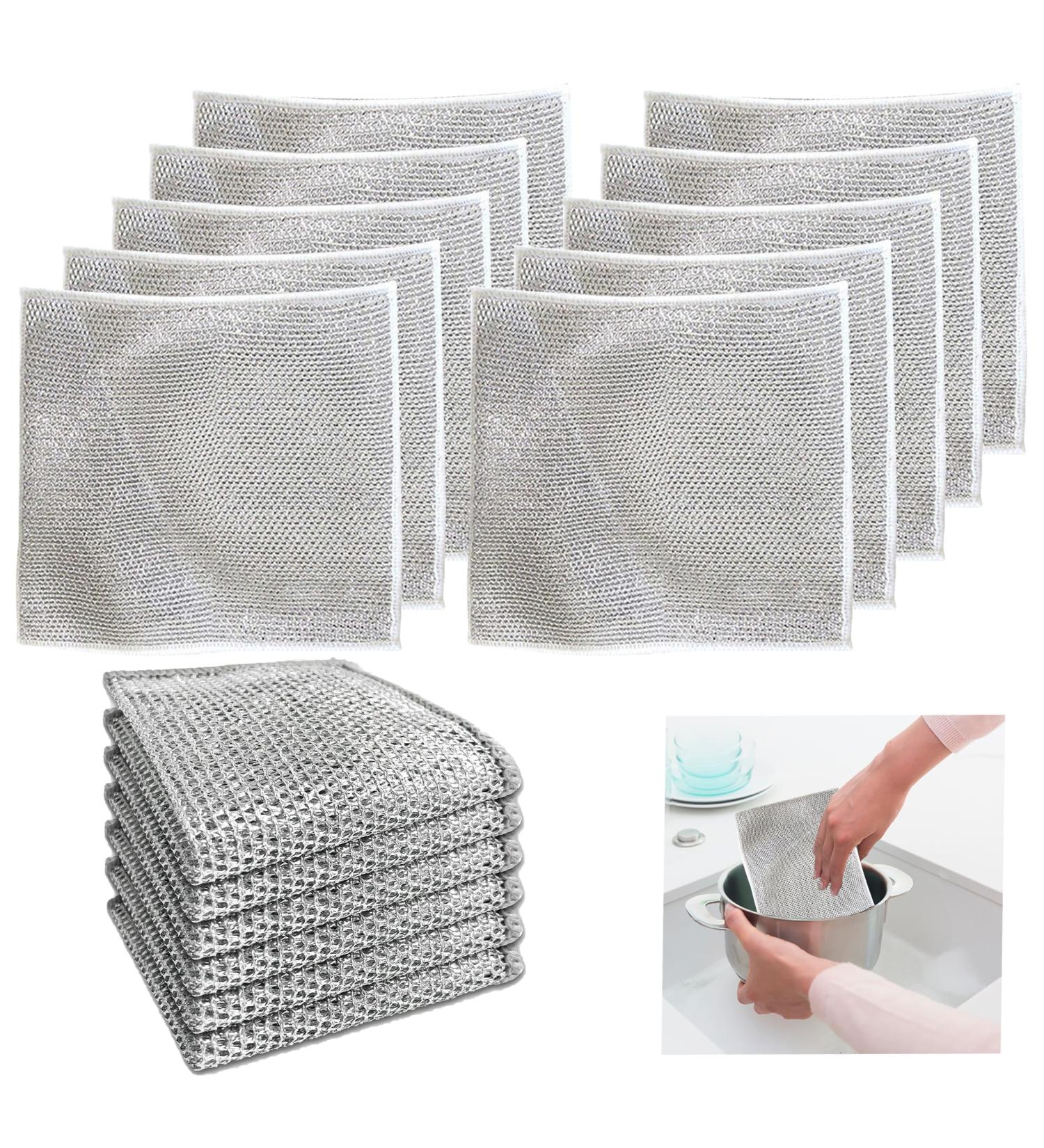 10 Pcs Double Wire Dishwashing Rag Multipurpose Wire Dishwashing Rags for Wet and Dry Silver Non Scratch Wire Dish Washing Rag for Dishes Sinks Counters Stove Tops Easy Rinsing