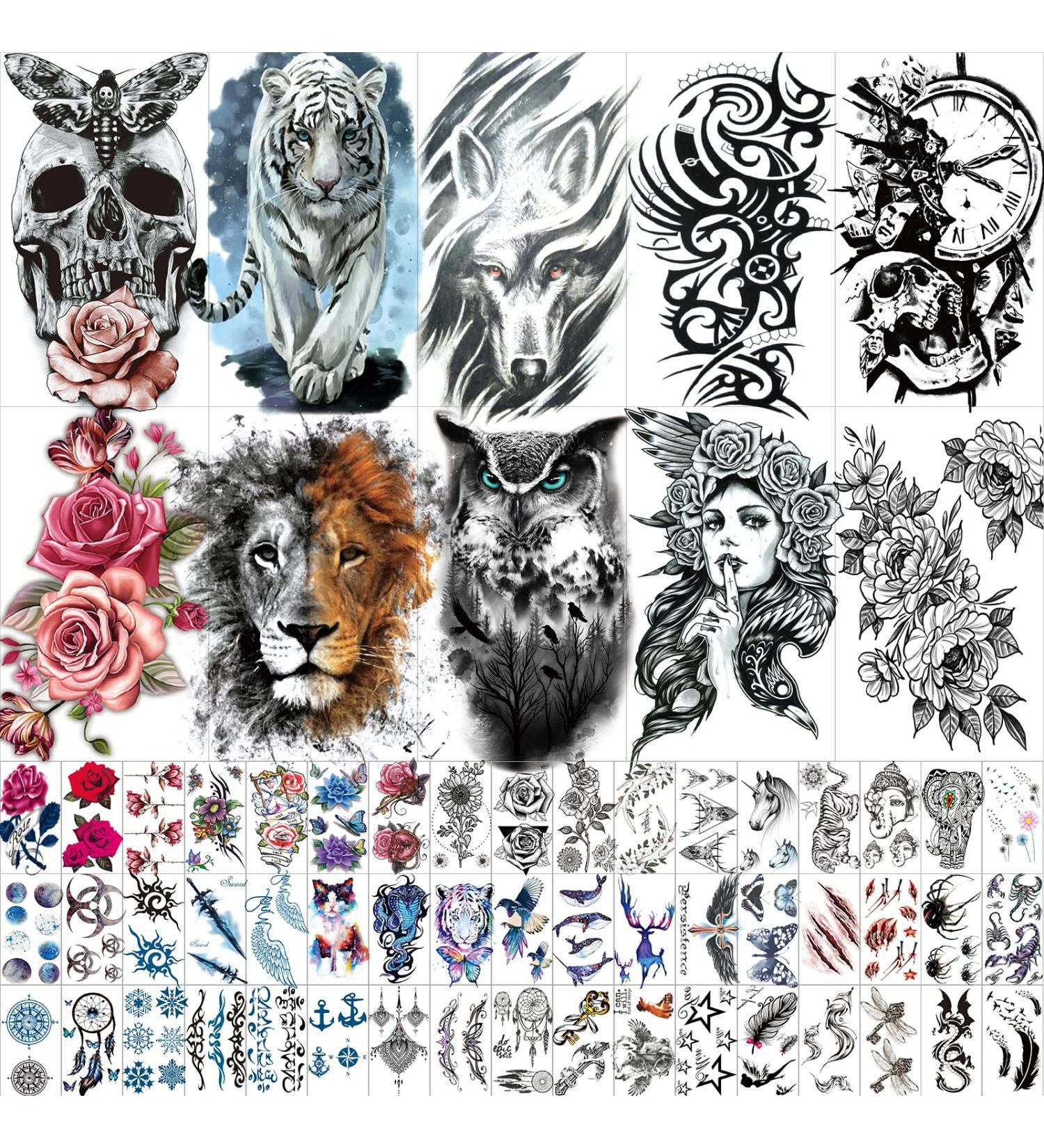Hotoyannia 62 Sheets Black Large-Size Temporary Tattoos Stickers for Women Men and Girl - 10 Realistic and Long-Lasting Halloween Tattoos with Scary Wolf Lion Tiger Skeleton Skul - Buy Online on GoSupps.com