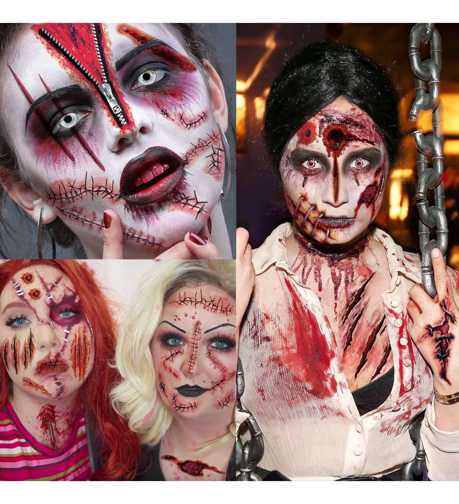 Billzar Halloween Fake Scars Tattoos Kit - 138+ PCS for Men, Women, and Kids - Zombie Makeup, Face Stitches, Temporary Chucky Scar, Scab, and Scratches - Halloween Wound Stickers - 18 Sheets - Buy Online on GoSupps.com