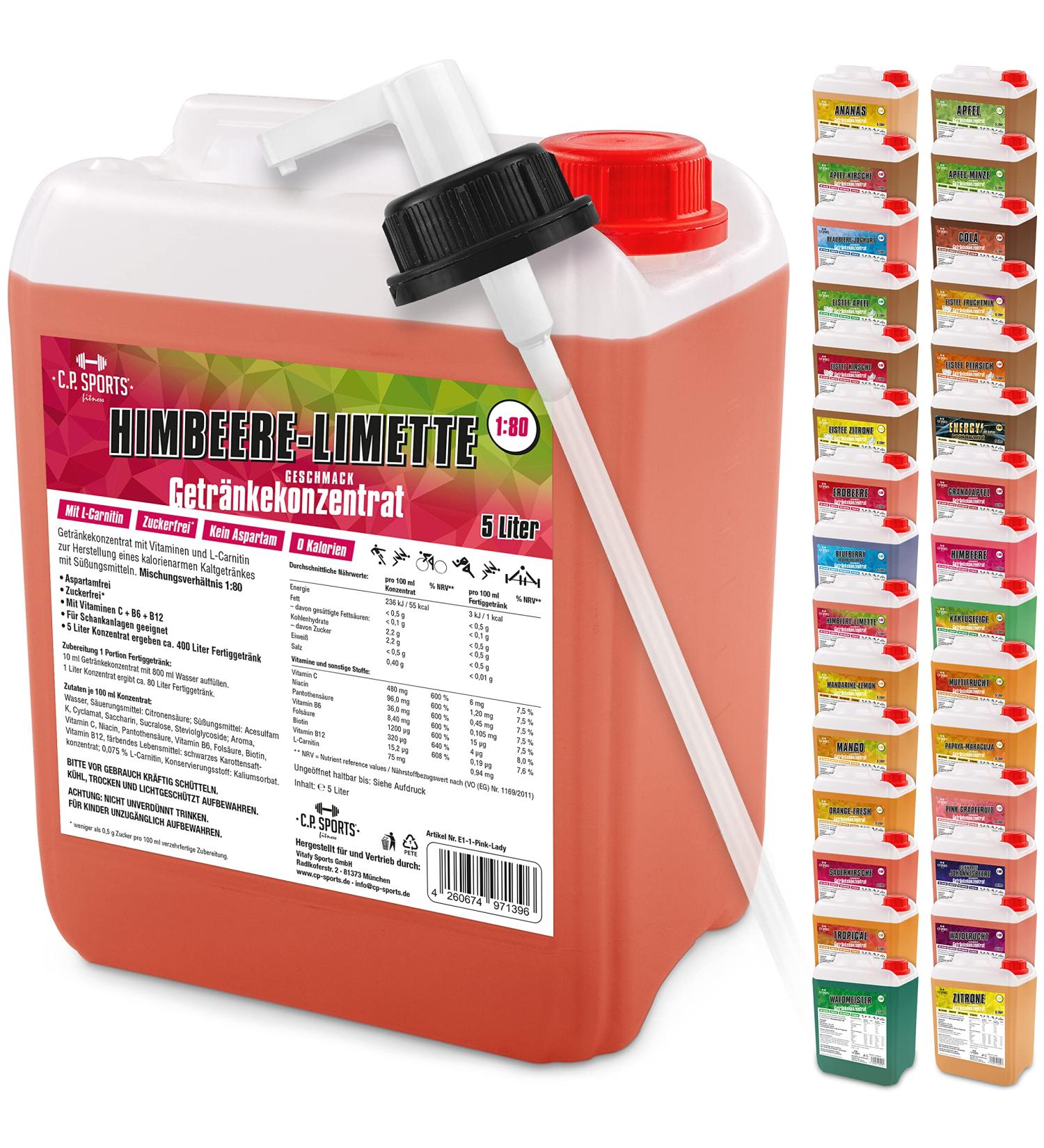 Buy C.P.Sports 5L Drink Syrup Concentrate - Vitamin Sports Drink L-Carnitine Raspberry Lime 400L Yield International Shipping - Buy Online on GoSupps.com