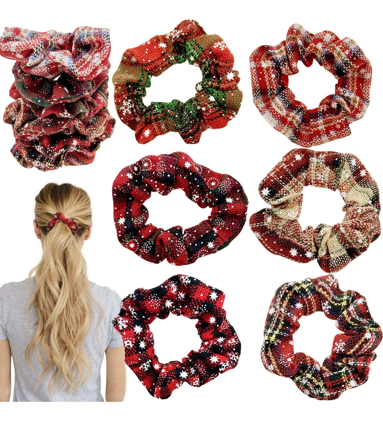 12 Hair Scrunchies Elastic Ponytail Holders Hair Ties for Thick Hair Curly Hair Thin Hair Girls Women Use Christmas Festive Christmas plaid - Buy Online on GoSupps.com