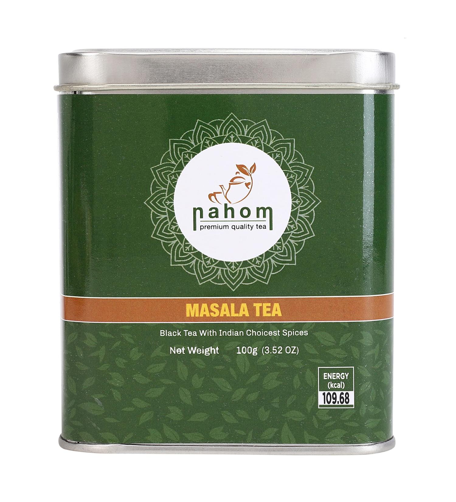 Nahom India's Masala Chai Tea Loose Leaf - 50 Cups of Spiced Black Tea with Cinnamon Cardamom & Pepper | 3.53oz / 100g Tin for Chai Latte - Buy Online on GoSupps.com