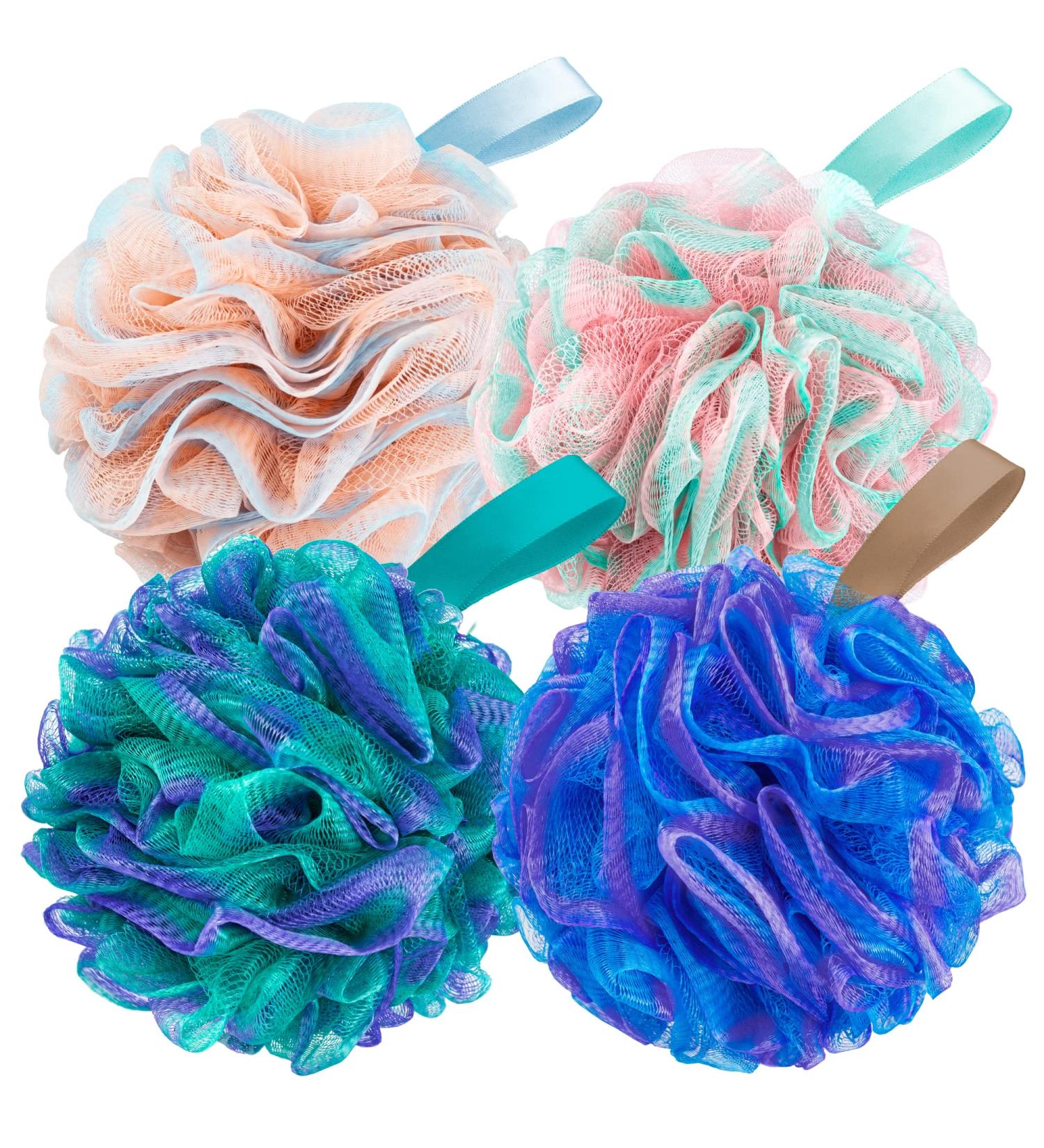 4 Pack XL Soft Nylon Loofah Bath Sponge for Exfoliating Shower Scrubber - Men and Women Beauty Bathing Accessory Set - Buy Online on GoSupps.com