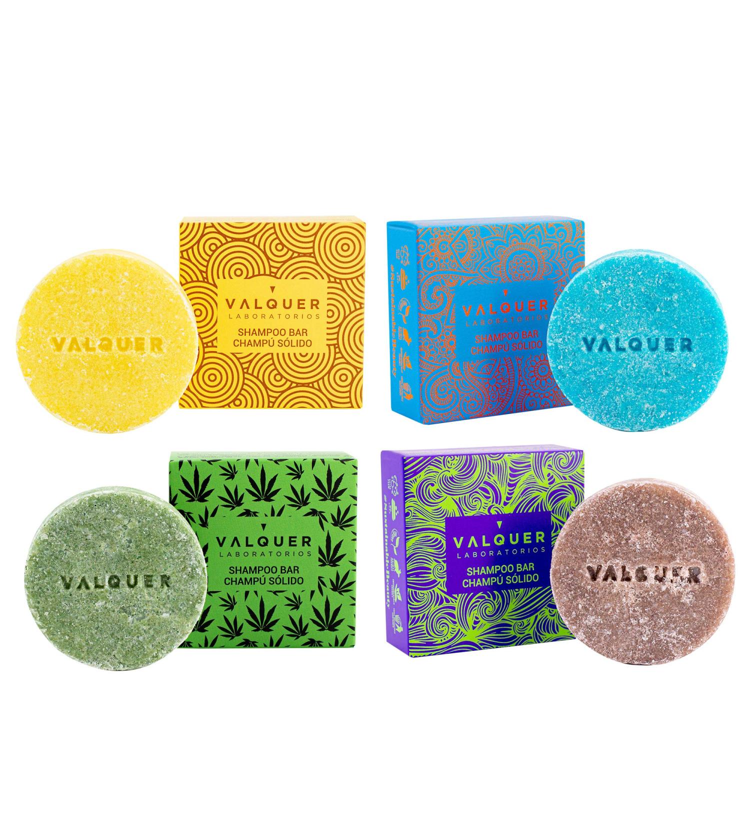 Valquer Exotic Solid Shampoo Pack (Blueberry and Avocado Orange and Papaya and Cinnamon Cannabis) Vegan 93% Natural Origin Zero Waste - 4 units x 50g