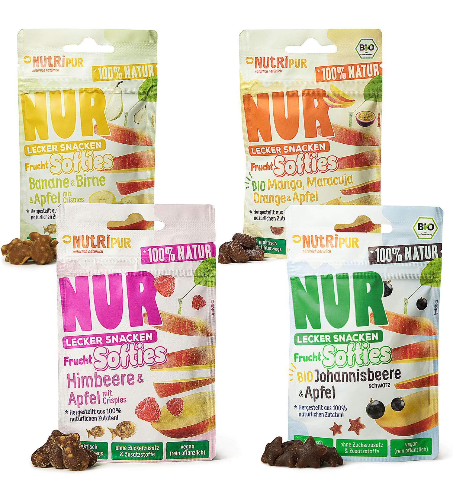 Nutripur Fruit Softies 4er Set - Vegan Fruit Gum Gelatin-Free Natural Snacks with Berry & Exotic Fruit Juice Concentrate (35g x 4) - Buy Online on GoSupps.com
