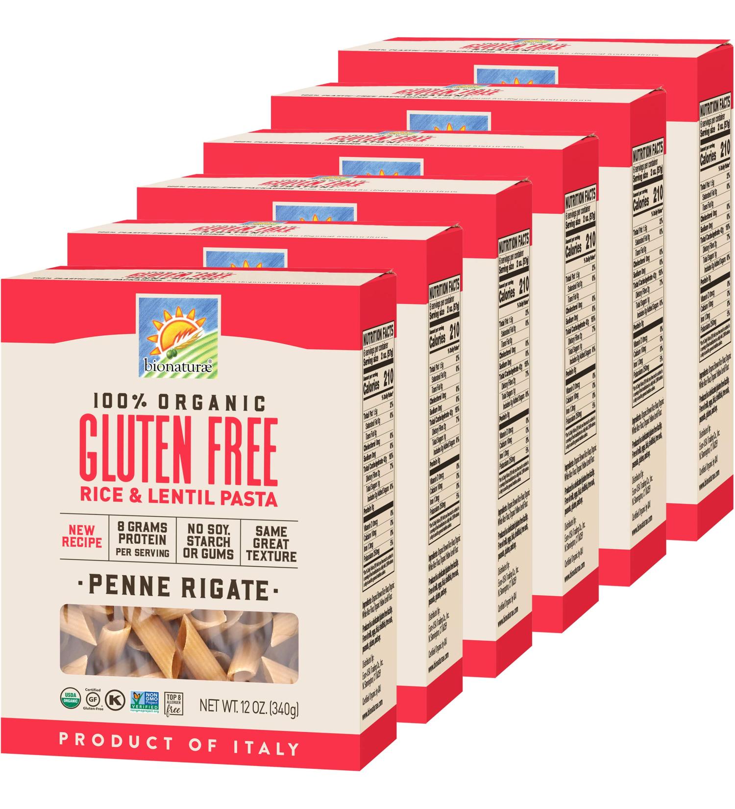 Bionaturae Gluten-Free Rice & Lentil Penne Rigate Pasta | Non-GMO, Lower Carb, Kosher | USDA Organic | Made in Italy | 12 oz (6 Pack) - Buy Online on GoSupps.com