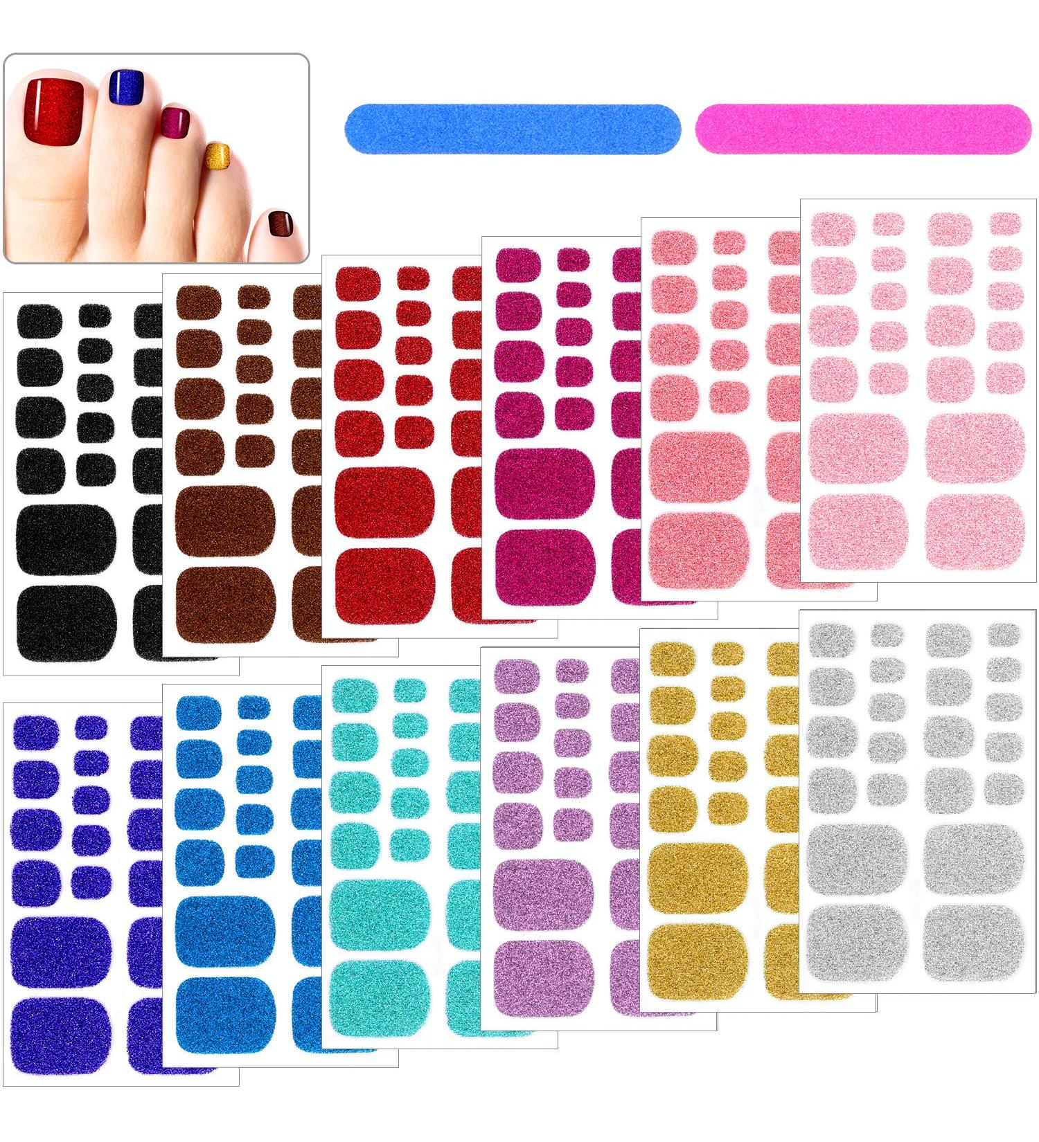 12 Sheets Glitter Toe Nail Wraps - Self-Adhesive Polish Stickers - Nail Art Decals - Manicure Kit with 12 Styles - Classic Colors for Women and Girls - Buy Online on GoSupps.com