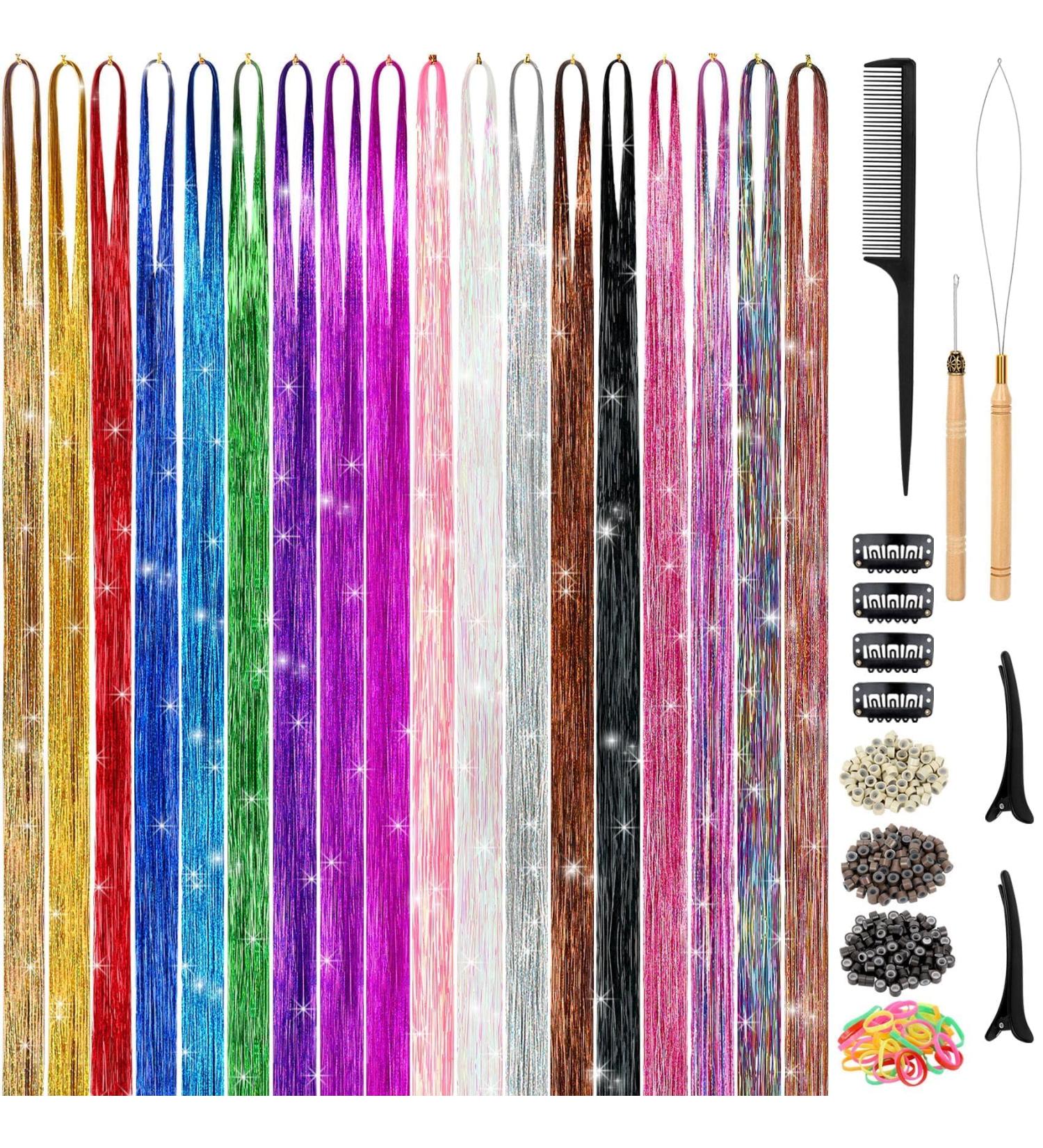 Hair Tinsel Kit (48 Inch 18 Colors) Tinsel Hair Extensions with Tools Heat Resistant Fairy Hair Tinsel Kit for Women Hair Accessories (18 Colors) - Buy Online on GoSupps.com