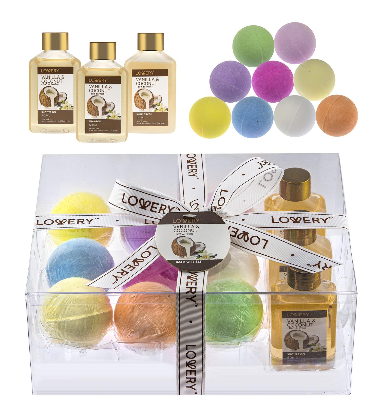 Birthday Gifts: Bath Bombs Gift Set - Home Spa Set with Shower Gel, Shampoo, Bubble Bath & 9 Huge Shea & Coco Butter Bombs - Vanilla Coconut Scented - Vitamin E Infused - Buy Online on GoSupps.com