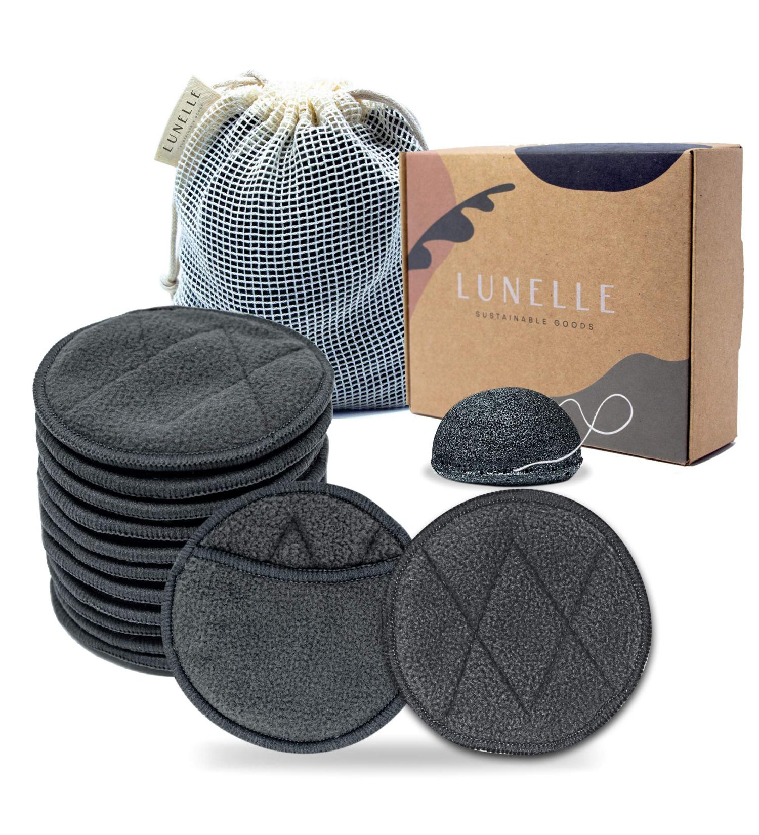 Lunelle Charcoal Bamboo Reusable Makeup Remover Pads 12 Pack with Konjac Sponge - Eco-Friendly Bamboo Face Pads Set - Buy Online on GoSupps.com