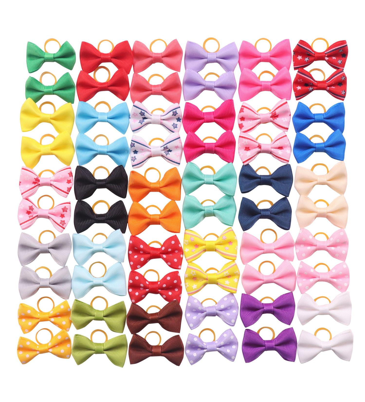 60PCS Cute Puppy Dog Bowknot Hair Bows with Rubber Bands - Handmade Pet Grooming Accessories - Buy Online on GoSupps.com