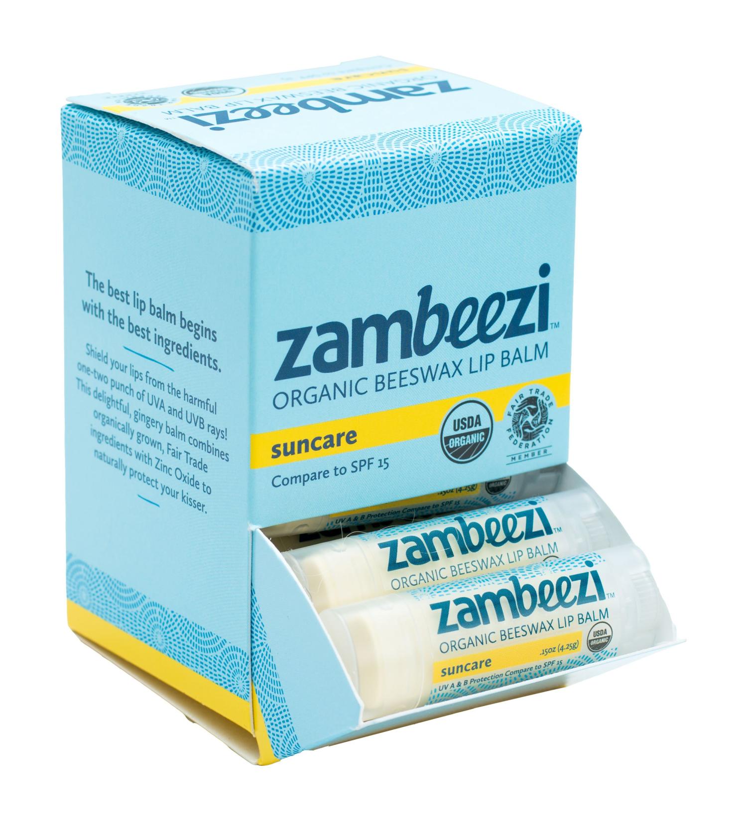 Case of Beeswax Lip Balm by ZAMBEEZI - Suncare 24-Tube Carton - Crafted with USDA Organic Fair Trade Lip Refreshing Ingredients from Zambia Africa - Buy Online on GoSupps.com