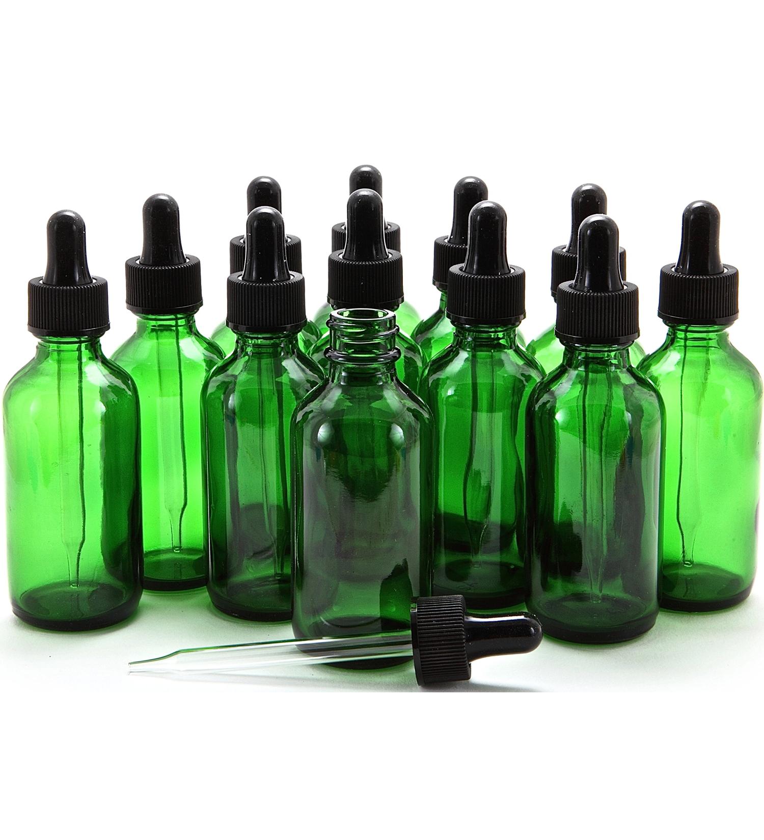 Vivalpex 12 Count Green 2 oz Glass Bottles with Glass Eye Dropper - Perfect for Essential Oils & DIY Projects | International Shipping Available - Buy Online on GoSupps.com