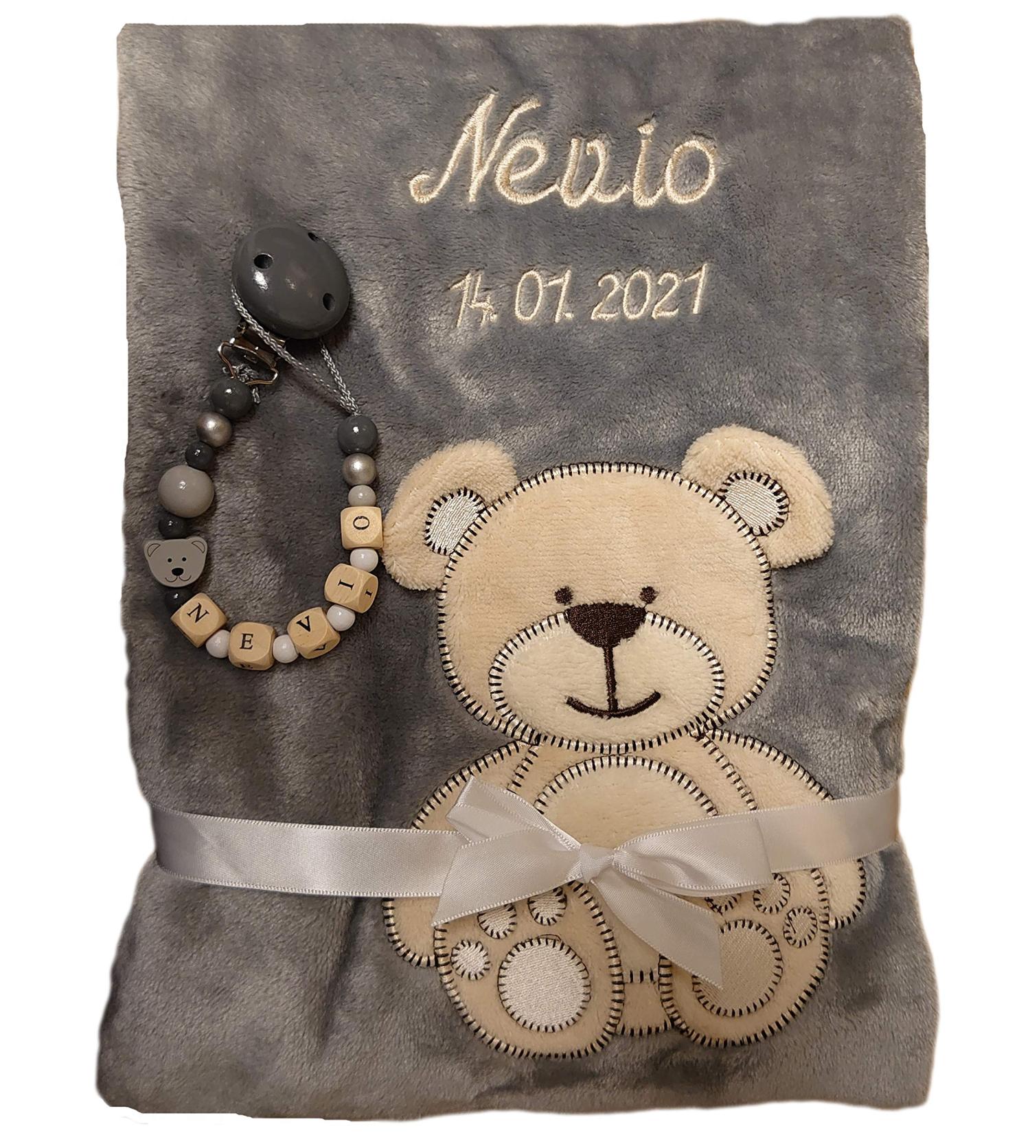 Wuff-Dogsworld baby blanket with name embroidered + pacifier strap gift baby baptism birth (grey)