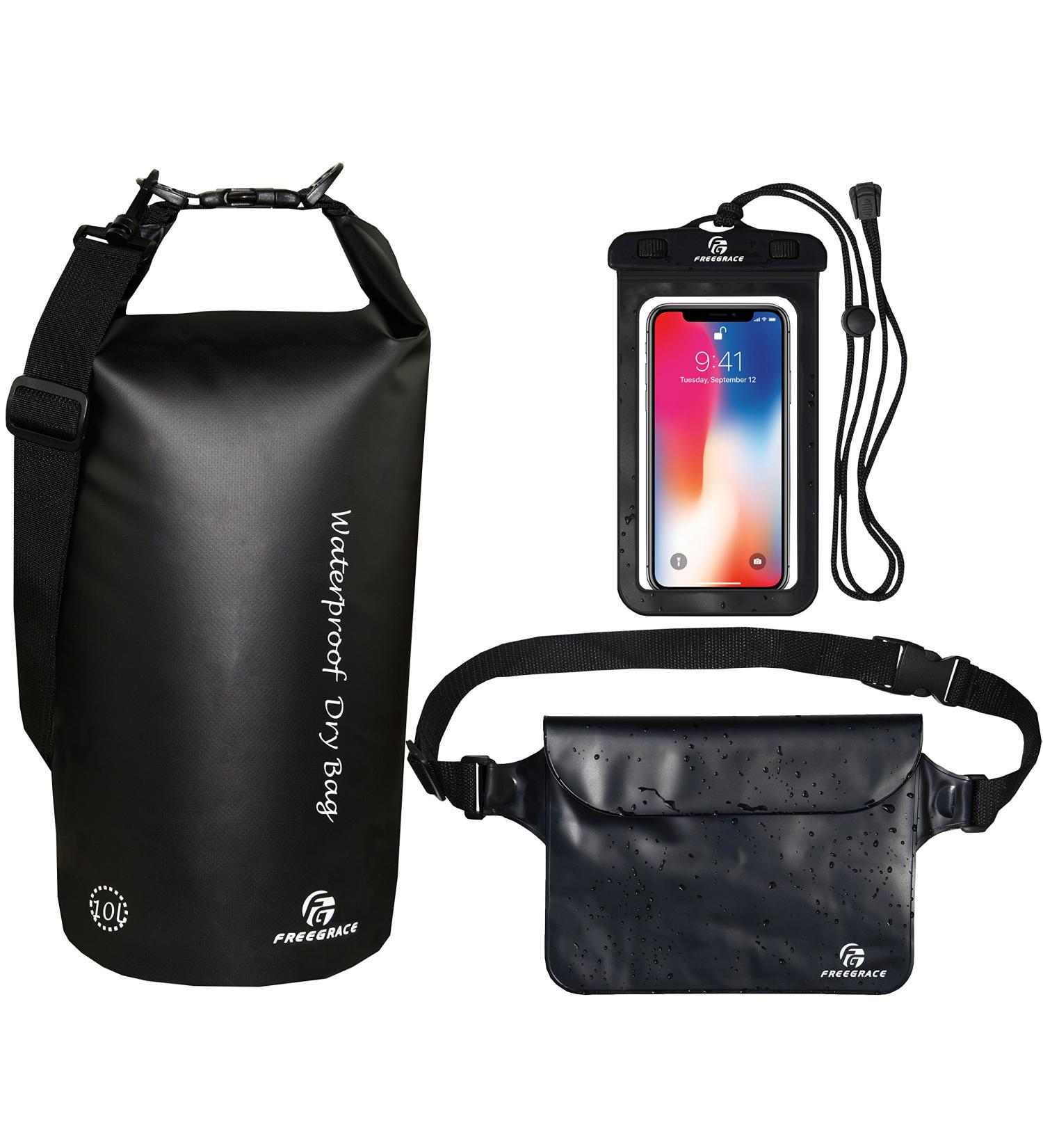 Freegrace Waterproof Dry Bags Set of 3 - 5L - Ideal for Swimming, Kayaking, Rafting & Boating - Black - Includes Waist Pouch & Phone Case - Buy Online on GoSupps.com