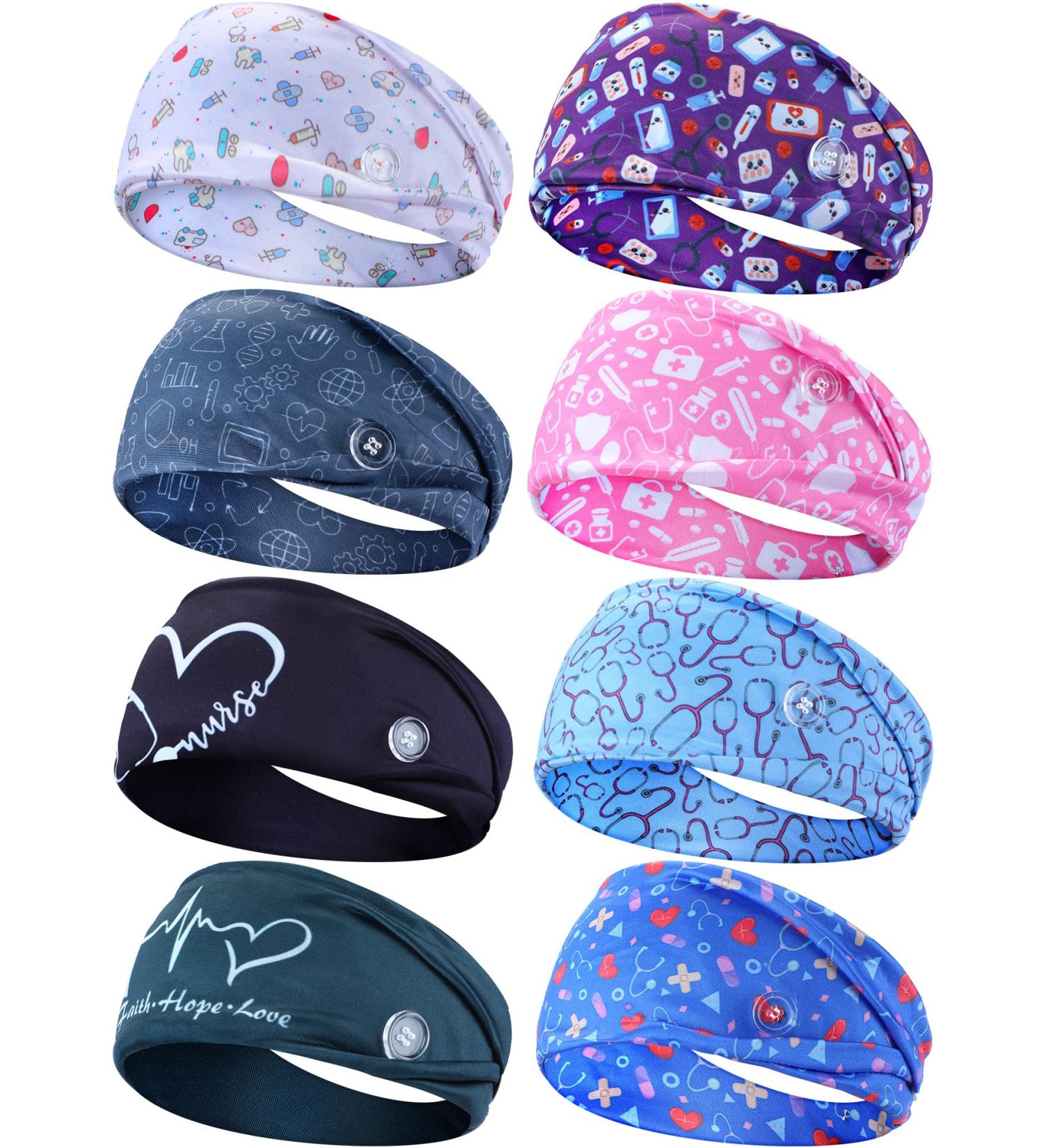 Nursing Headbands with Buttons - 8 Piece Set for Women - Non-Slip Elastic Hair Bands for Face Coverings - Cute Patterns - Ideal for Nurses, Doctors, Yoga, and Sports - Buy Online on GoSupps.com