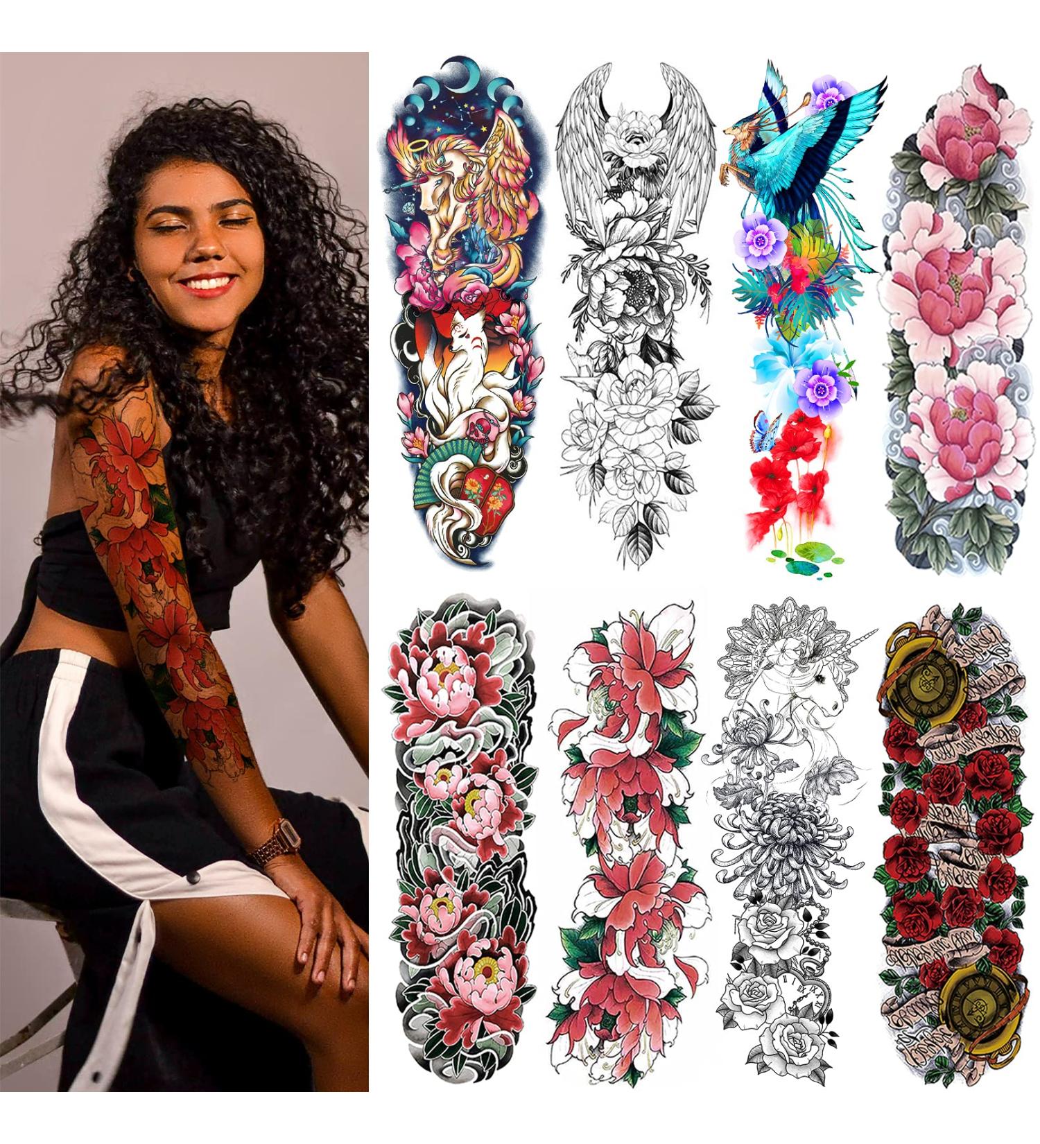 Aresvns Temporary Tattoo 8 Sheets for Women Teens Girls Kids - Realistic Full Arm Fake Tattoo Flowers Sleeve Stickers, Long-Lasting & Waterproof - L19 xW7 - Buy Online on GoSupps.com