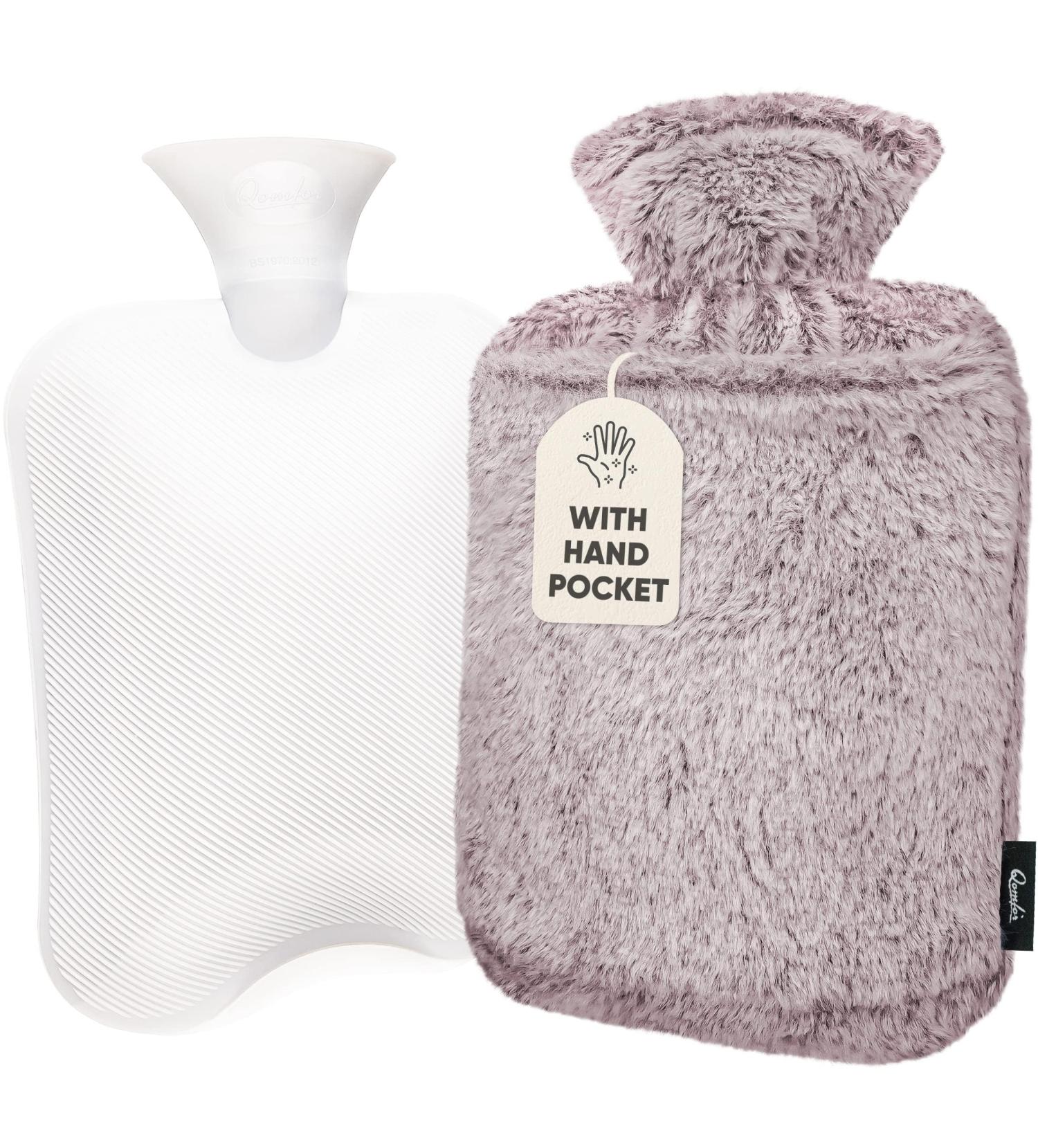 Qomfor Hot Water Bottle with Premium Faux Fur Cover - 1.8l Large - Pain Relief for Neck, Shoulders, Hands and Feet - Kangaroo Pocket - Cosy Nights - Plum - Buy Online on GoSupps.com