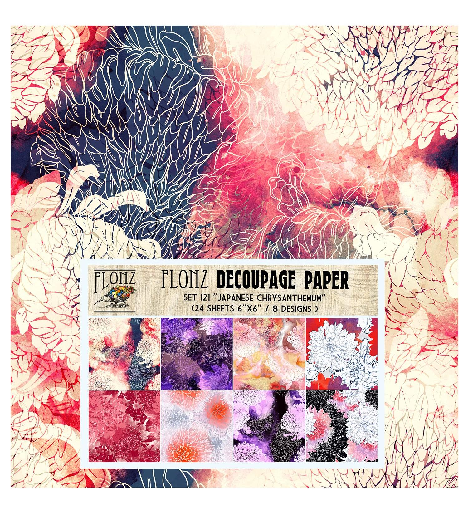 Decoupage Paper Pack (24 Sheets 6"x6") Japanese Chrysanthemum FLONZ Vintage Styled Seamless Pattern Paper for Decoupage, Craft and Scrapbooking Five