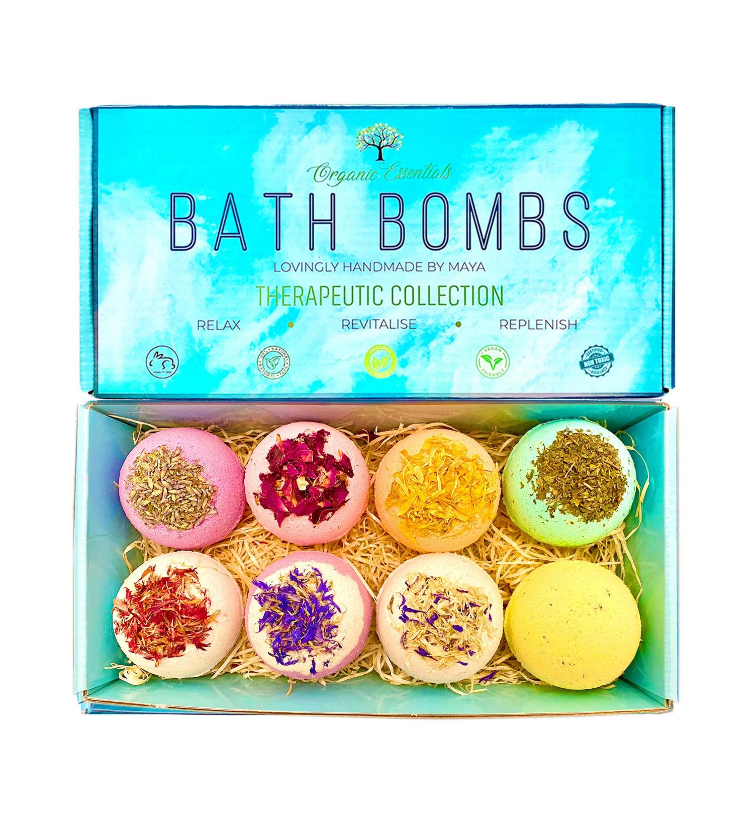 Luxury Therapeutic Organic Bath Bomb Gift Set Natural Essential Oils Enriched with Organic Coconut Oil Cocoa Butter 8 Large Handmade Aromatherapy Bath Fizzies Made in UK - Buy Online on GoSupps.com