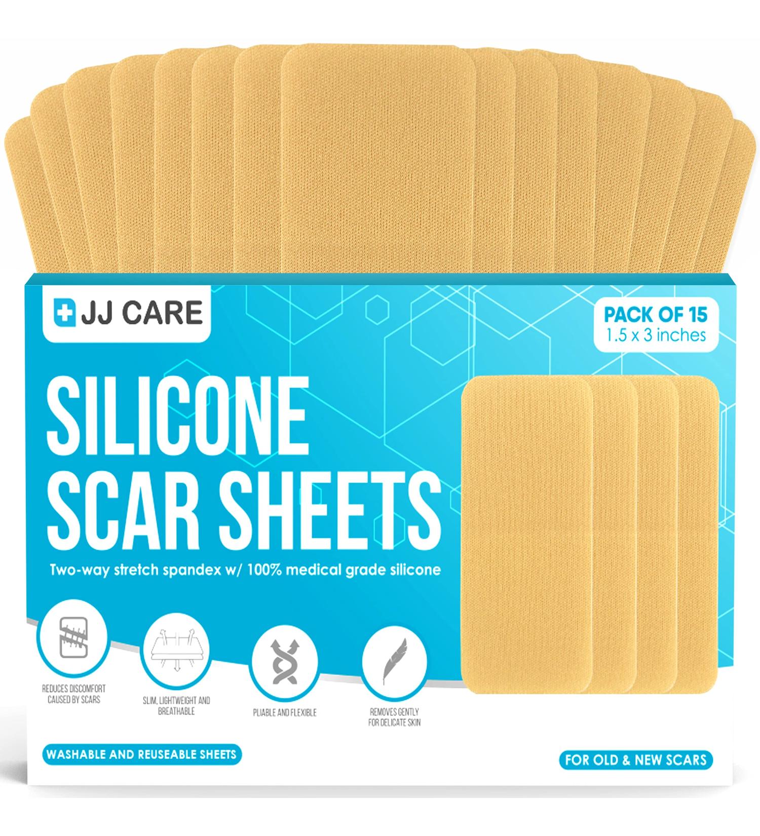 JJ CARE Silicone Scar Sheets [Pack of 15] - Medical Silicone Scar Removal Strips for Keloid, Acne, Burns & Surgery Scars - 1.5x3 Reusable Treatment Sheets - Buy Online on GoSupps.com