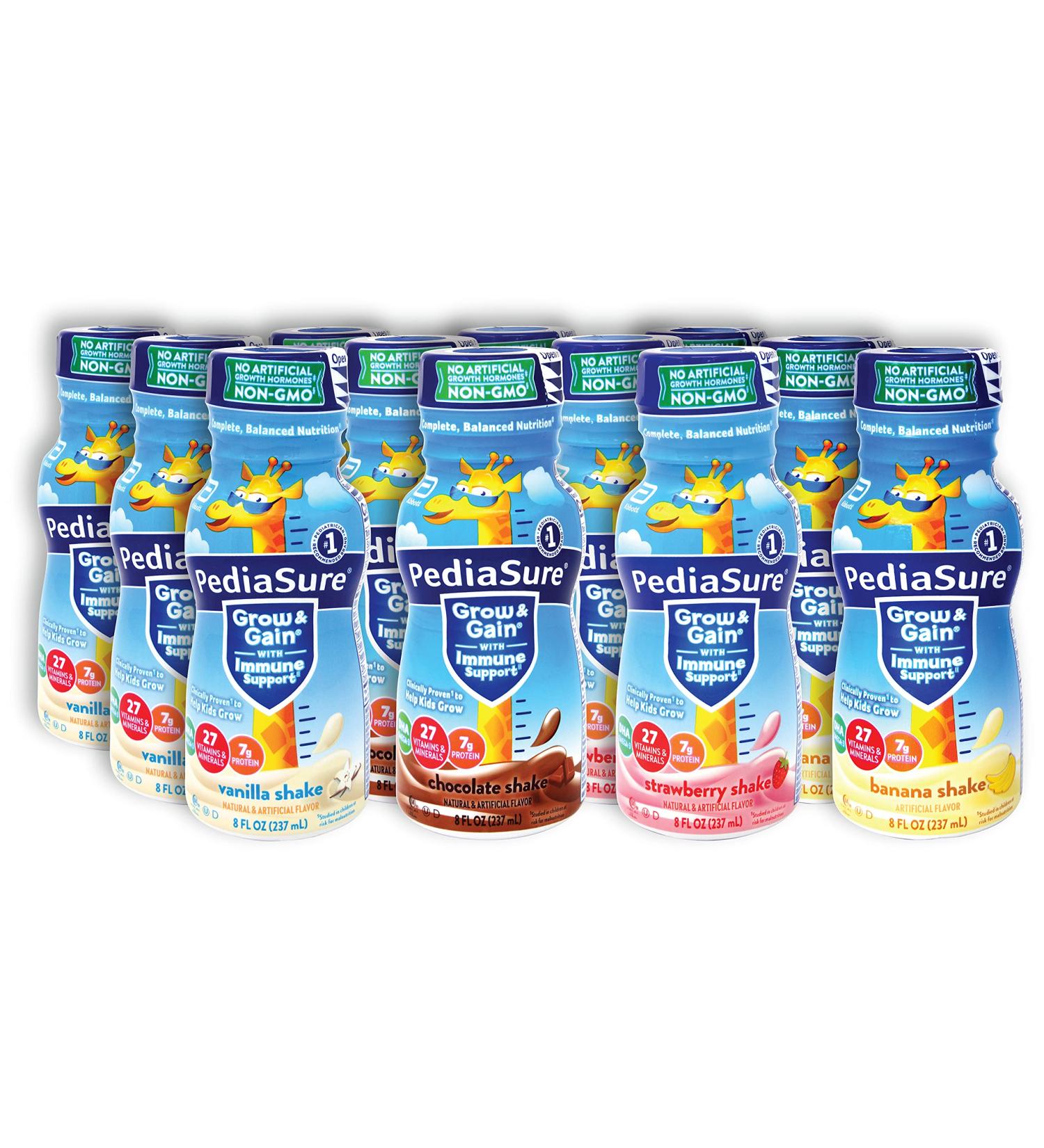 PediaSure Immune Support Shake 12 Pack | 3 Bottle Of Each Flavor Strawberry Banana Vanilla and Chocolate Flavors| Protein Shake For Kids | 12 Pack | Niro Assortment