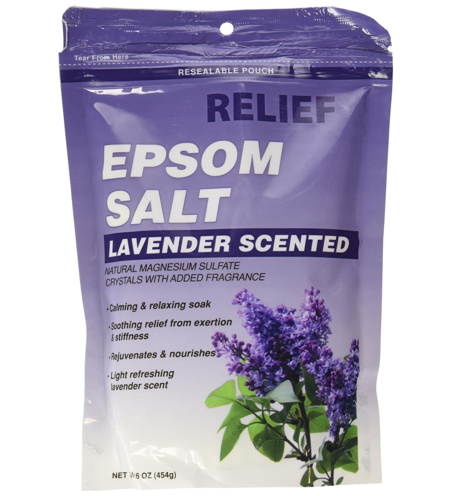Relief MD Lavender Scented Epsom Salt Crystals 16 oz - Natural Magnesium Sulfate with Added Fragrance - Buy Online on GoSupps.com