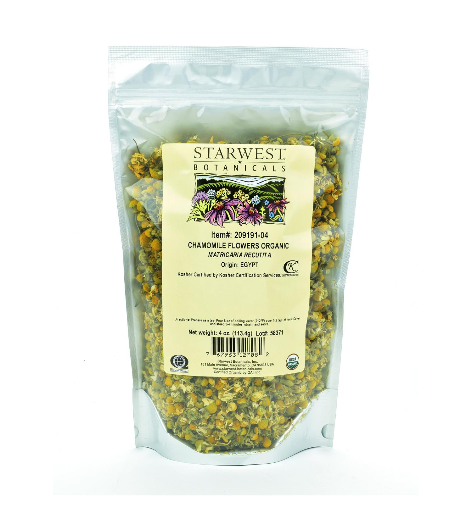 Starwest Botanicals Organic Chamomile Flower Whole (Egypt), 4 Ounces