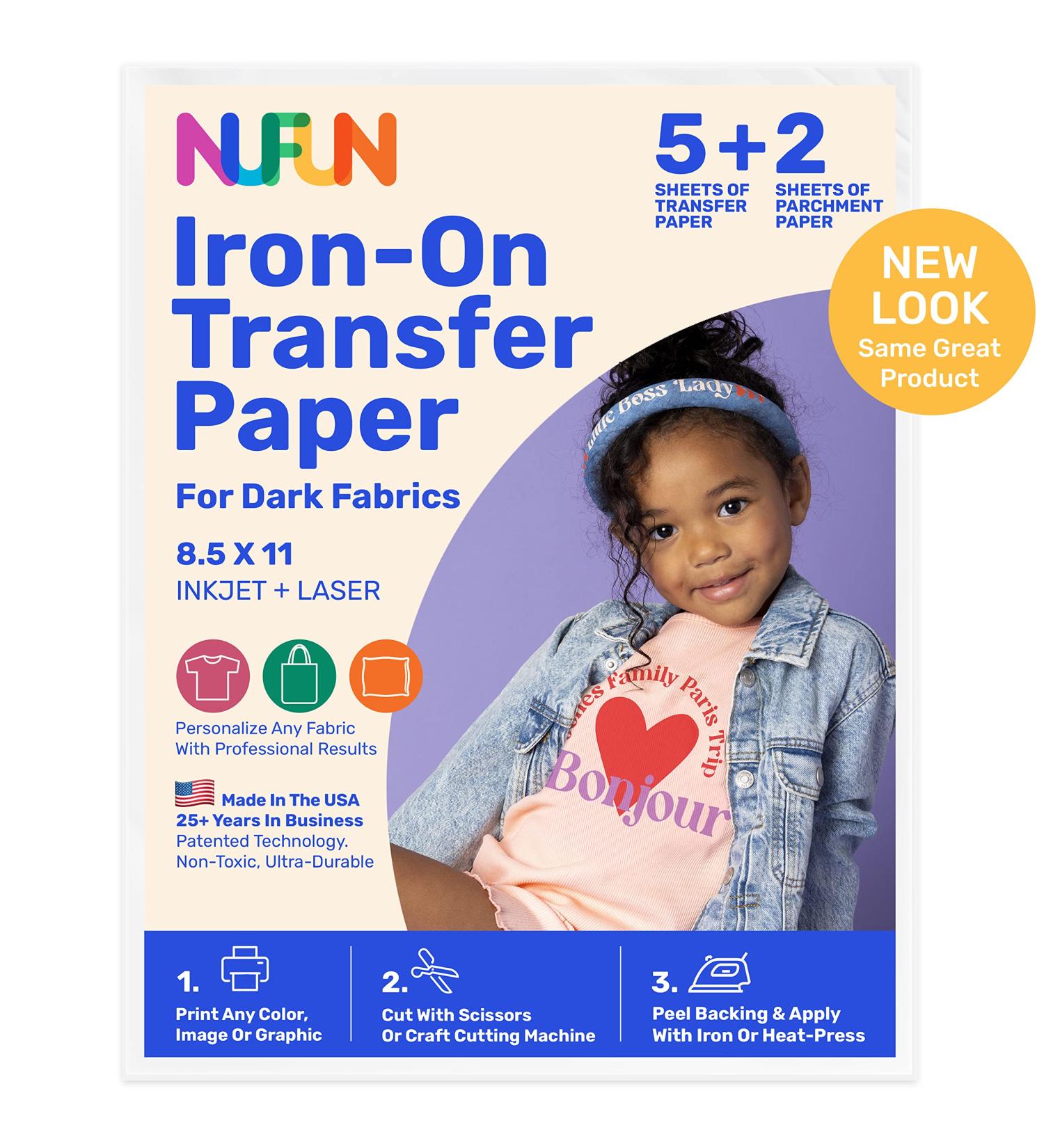 NuFun Activities Printable Iron-on Heat Transfer Paper for Dark Fabrics - 5 Sheets (8.5 x 11 inch) - Professional Quality DIY T Shirt Transfers - Long Lasting & Non-Toxic - Made In USA - Buy Online on GoSupps.com