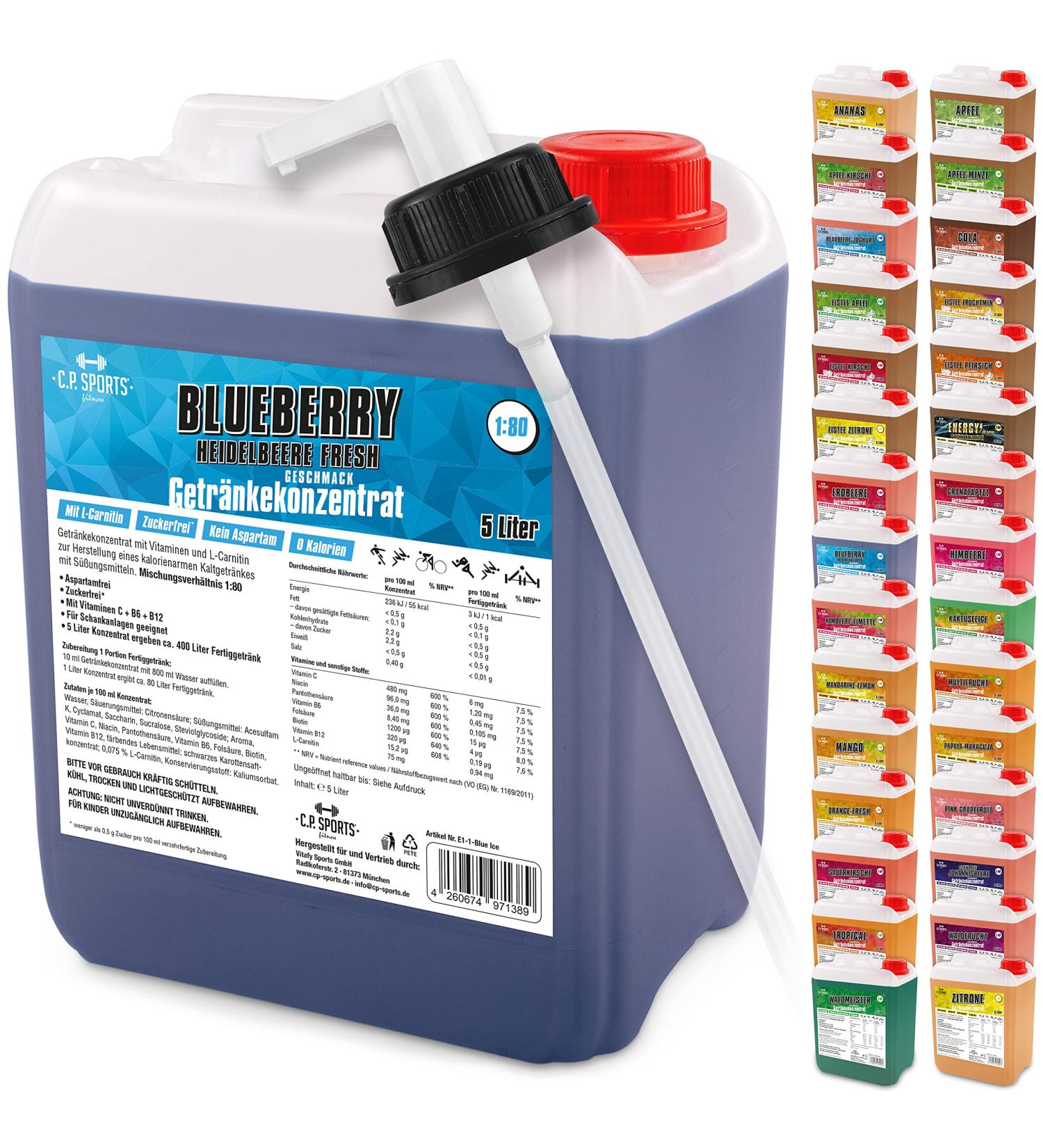 C.P.Sports 5L Drink Syrup Concentrate - Makes 400L Vitamin Sports Drink L-Carnitine & Dosing Dispenser - BlueBerry Flavor - Buy Online on GoSupps.com