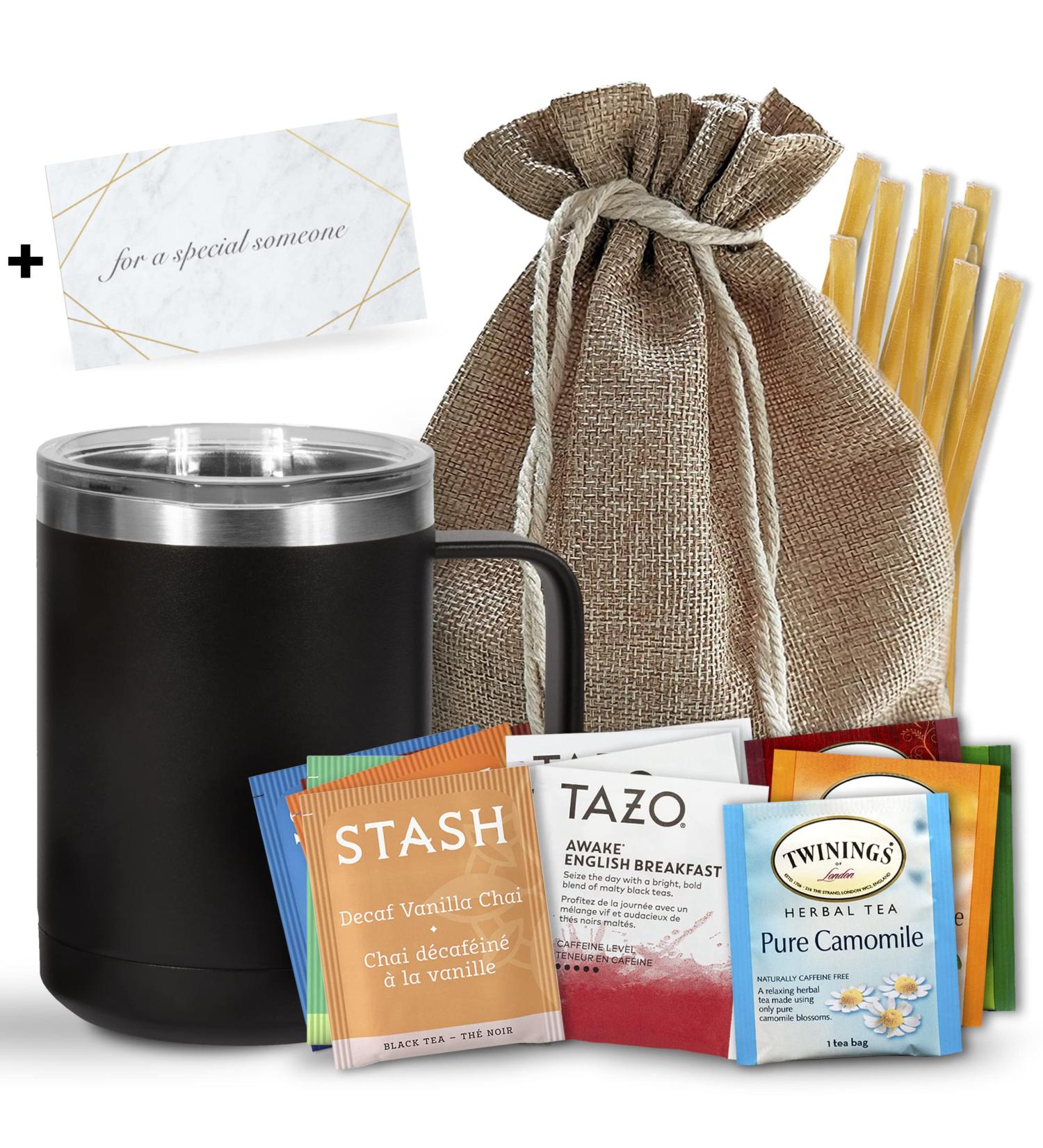 Bellina Tea Gift Basket for Women and Men - Herbal Tea Variety Pack with Premium Teas, Honey Straws, Mug & Gift Tag in Natural Bag - Buy Online on GoSupps.com