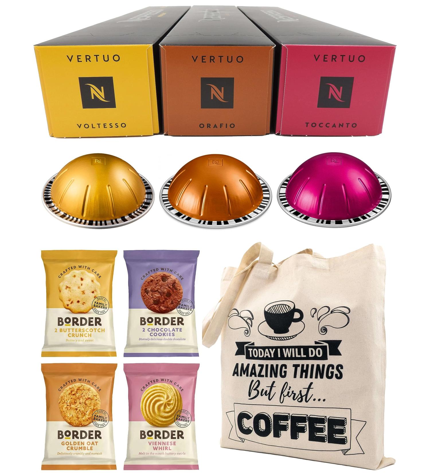 Nespresso Vertuo Coffee Capsules Espresso Selection - Orafio Toccanto Voltesso - 3 Boxes (30 Pods) Bundled with Border Biscuits & Giftable Tote Bag - Buy Online on GoSupps.com