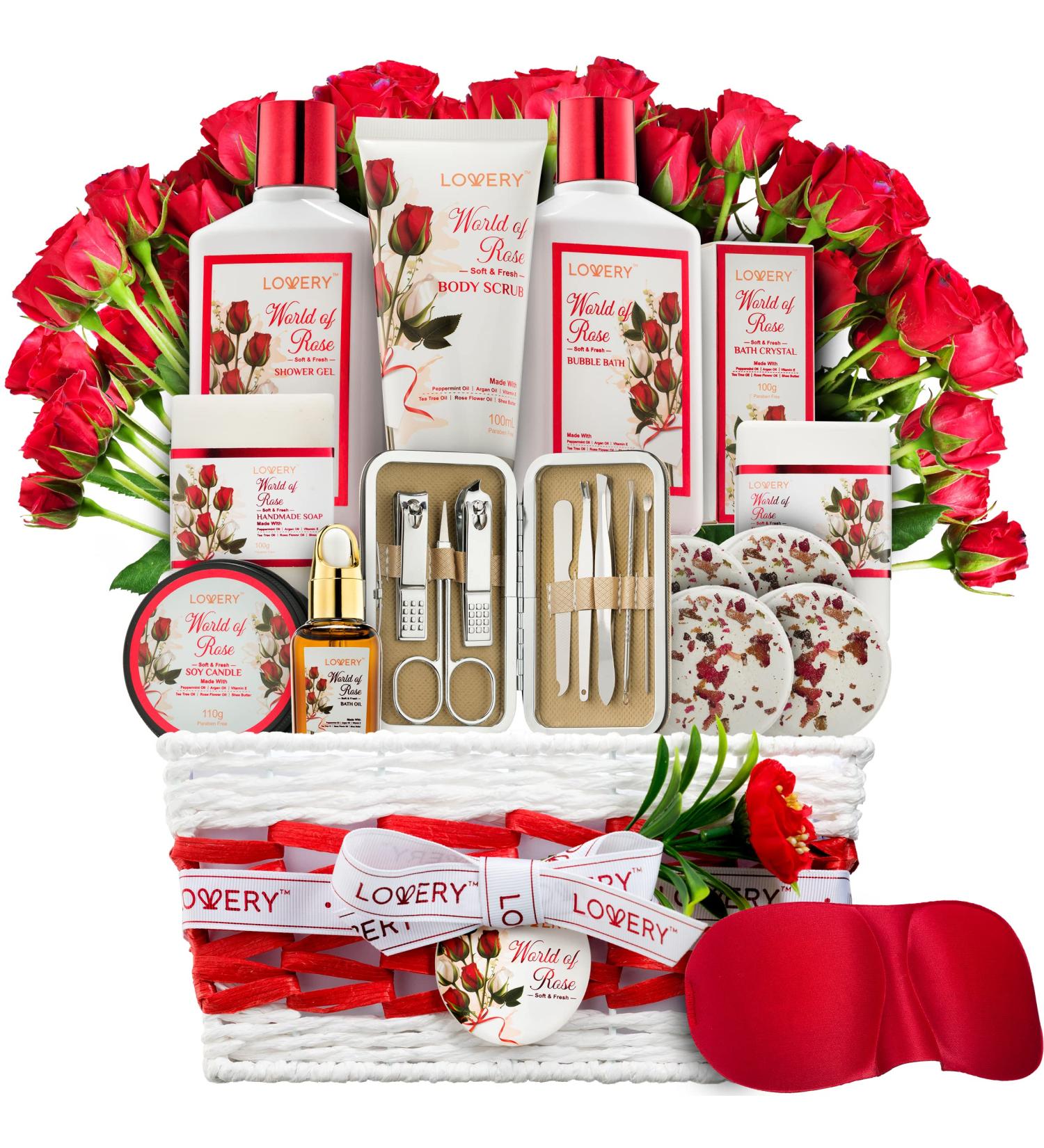 Red Rose Spa Gift Set for Women - 35 Piece Stress Relief Kit for Thank You, Birthday, Mom, Christmas - Nail Care, Body Scrub, Bubble Bath, Bath Bomb & More - Buy Online on GoSupps.com