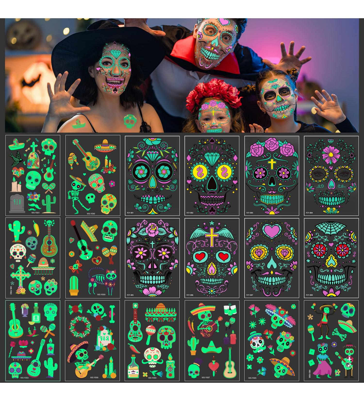 Halloween Glow in the Dark Face Tattoos - 18 Luminous Waterproof Sugar Skull Stickers for Kids & Adults - Perfect for Masquerade Party - Buy Online on GoSupps.com