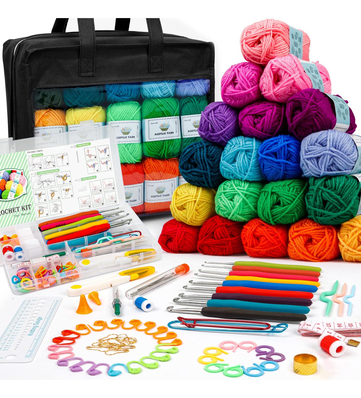 103 PCS Crochet Kit with Hooks & Yarn Set - Premium Bundle with 2180 Yards of Acrylic Yarn, Needles, Accessories & Bag - Ideal Starter Pack for Kids, Adults, Beginners & Professionals - Black - Buy Online on GoSupps.com