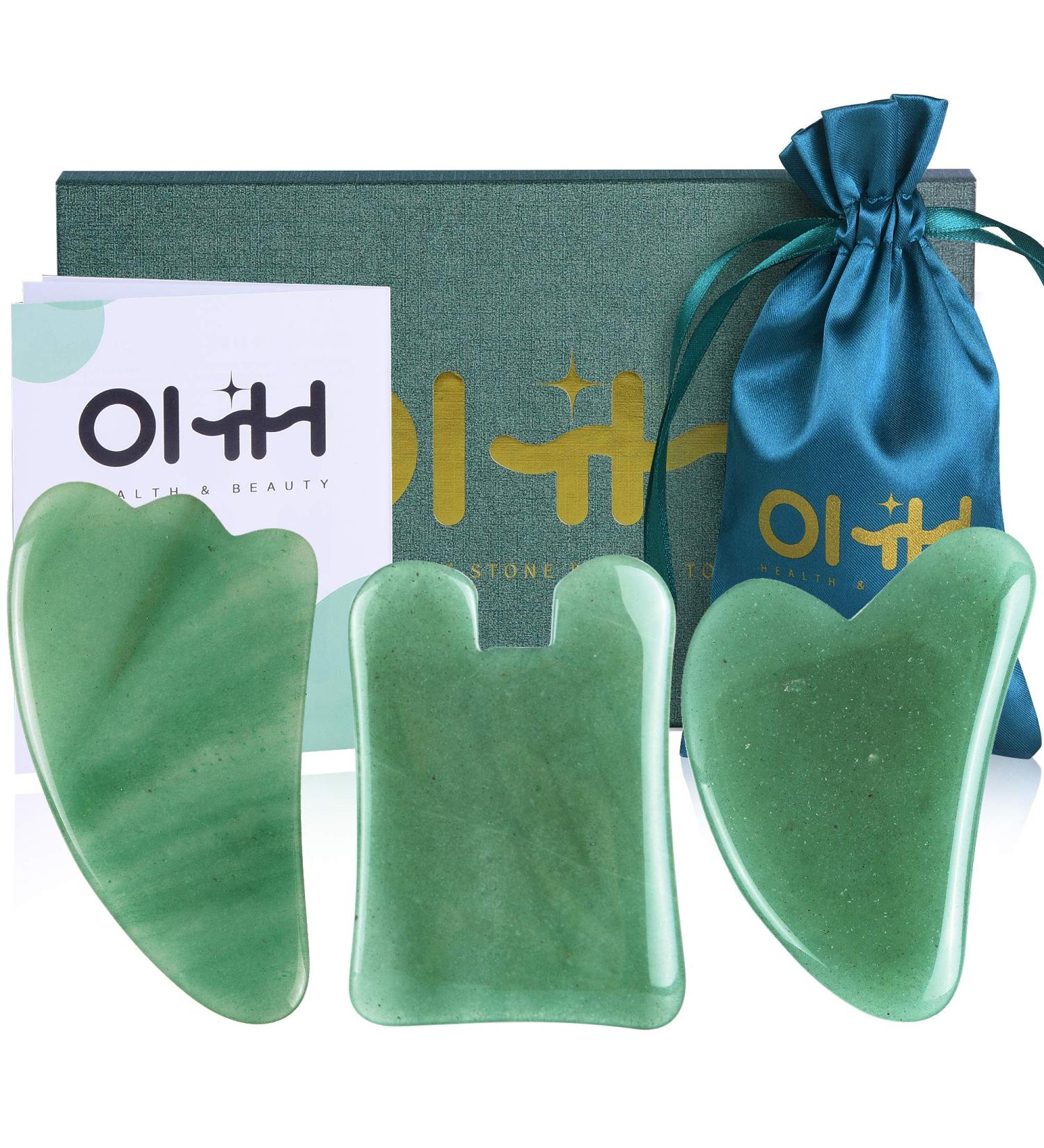 Gua Sha Massage Tools Set - Aventurine Natural Stone Guasha Board for Face and Body - Facial Massager for SPA and Trigger Point Treatment - Pack of 3 Green - Buy Online on GoSupps.com