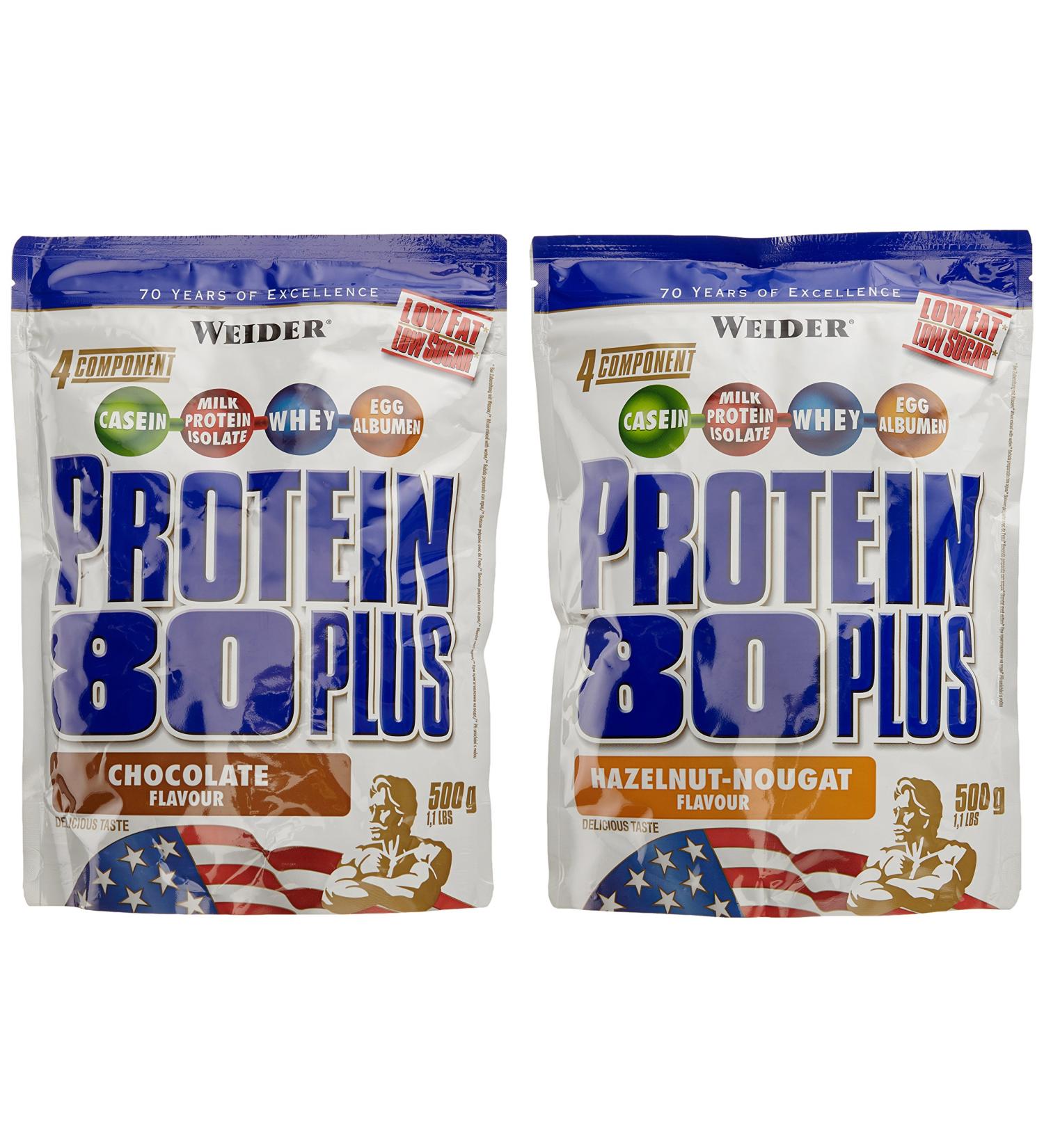 Weider Protein 80 Plus Powder - 2 Pack Chocolate Hazelnut Nougat | Low-Carb Multi-Component Casein & Whey Mix (2x500g) - International Shipping - Buy Online on GoSupps.com