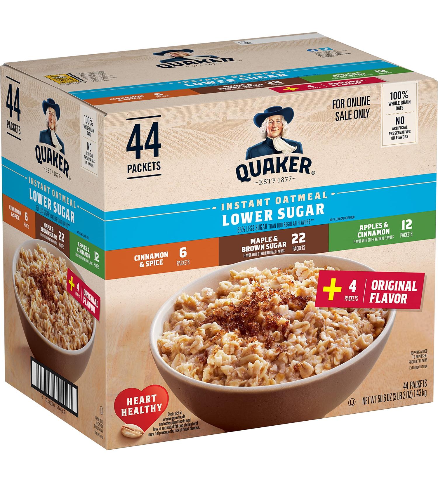 Quaker Instant Oatmeal Lower Sugar Variety Pack - 44 Packs  4 Delicious Flavors - Buy Online on GoSupps.com
