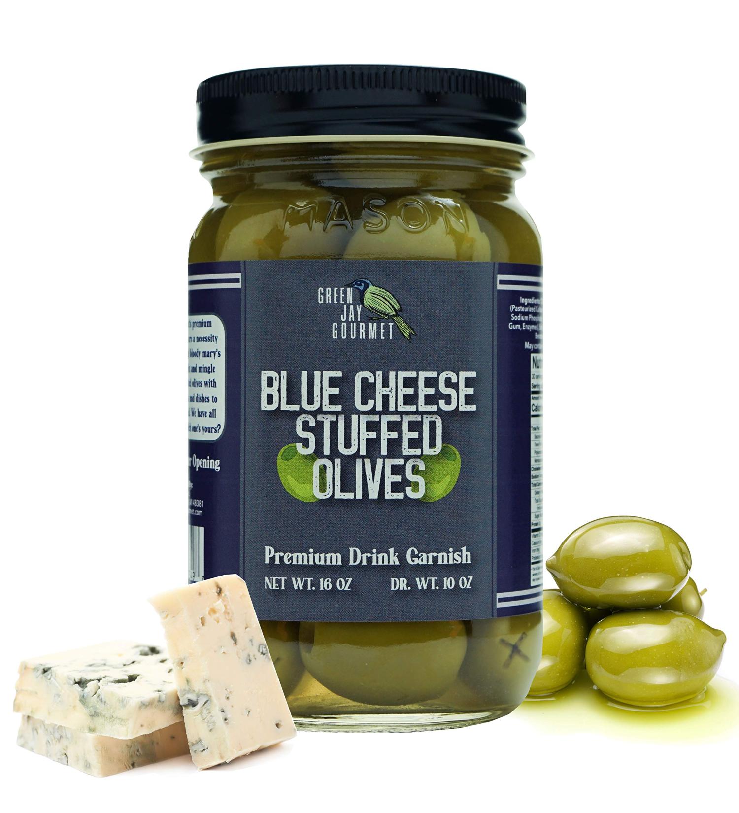 Green Jay Gourmet Blue Cheese Stuffed Olives - 16oz Large Jar | Perfect Cocktail Garnish & Cheese Board Addition | All Natural & Delicious Dirty Martini Olives - Buy Online on GoSupps.com