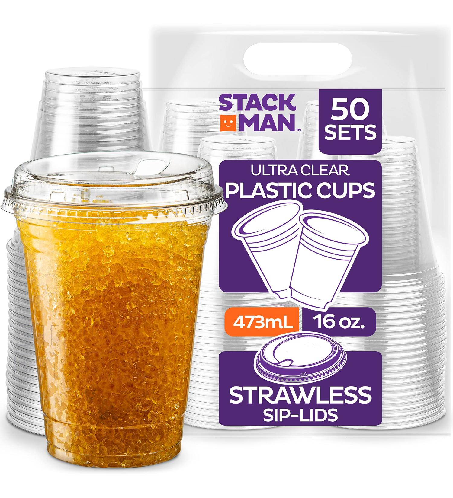 16 oz. Clear Cups with Strawless Sip-Lids | 50 Sets PET Crystal Clear Disposable Plastic Cups with Lids - Buy Online on GoSupps.com