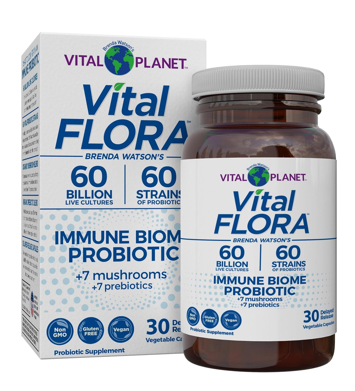 Vital Planet - Vital Flora Immune Support Probiotic 60 Billion CFU Diverse Strains Organic Mushroom Supplement Blend with Prebiotics Digestive Health Probiotics for Women and Men 30 Capsules - Buy Online on GoSupps.com