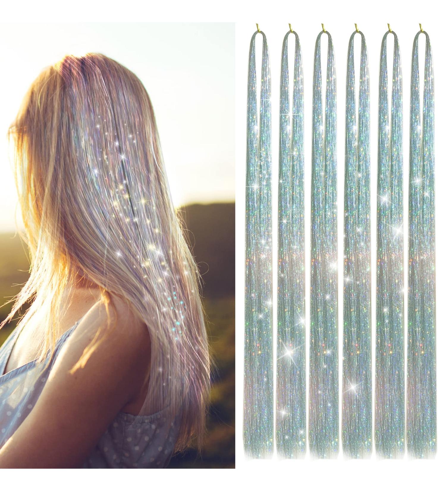 Hair Tinsel Kit with 47INCH 1200 Strands Heat Resistant Glitter Tinsel Hair Extension Sparkling Shinny Fairy Hair Accessories for Women Girls Kids Festival Party Dazzle (Silver) - Buy Online on GoSupps.com