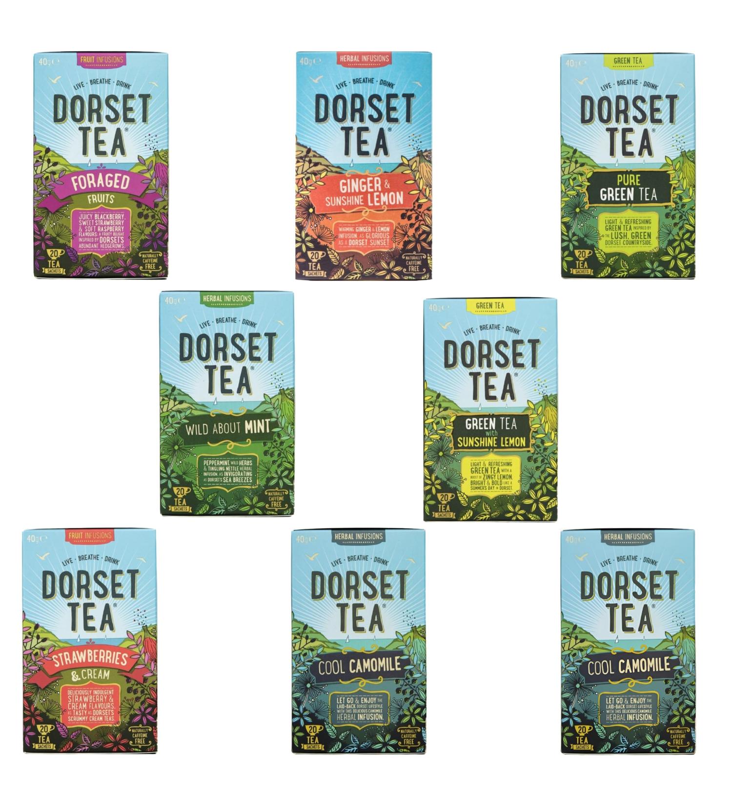 Dorset Tea Pick N Mix - Choose From 8 Flavours | Strawberries & Cream Cool Earl Grey Foraged Fruits Ginger & Sunshine Pure Green-Tea Wild About Mint Sunshine Lemon - Pack of 5 - Buy Online on GoSupps.com
