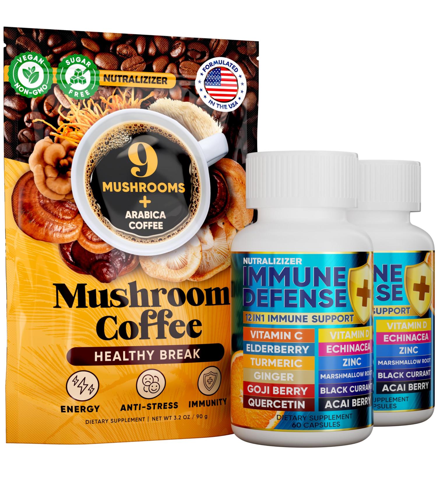 NUTRALIZIZER Immune Support Bundle: 12-in-1 Immune Defense Vitamins & Instant Mushroom Coffee | VIT D3 C Zinc Elderberry Adaptogenic Mushrooms | Immune Support Energy Boost - Buy Online on GoSupps.com