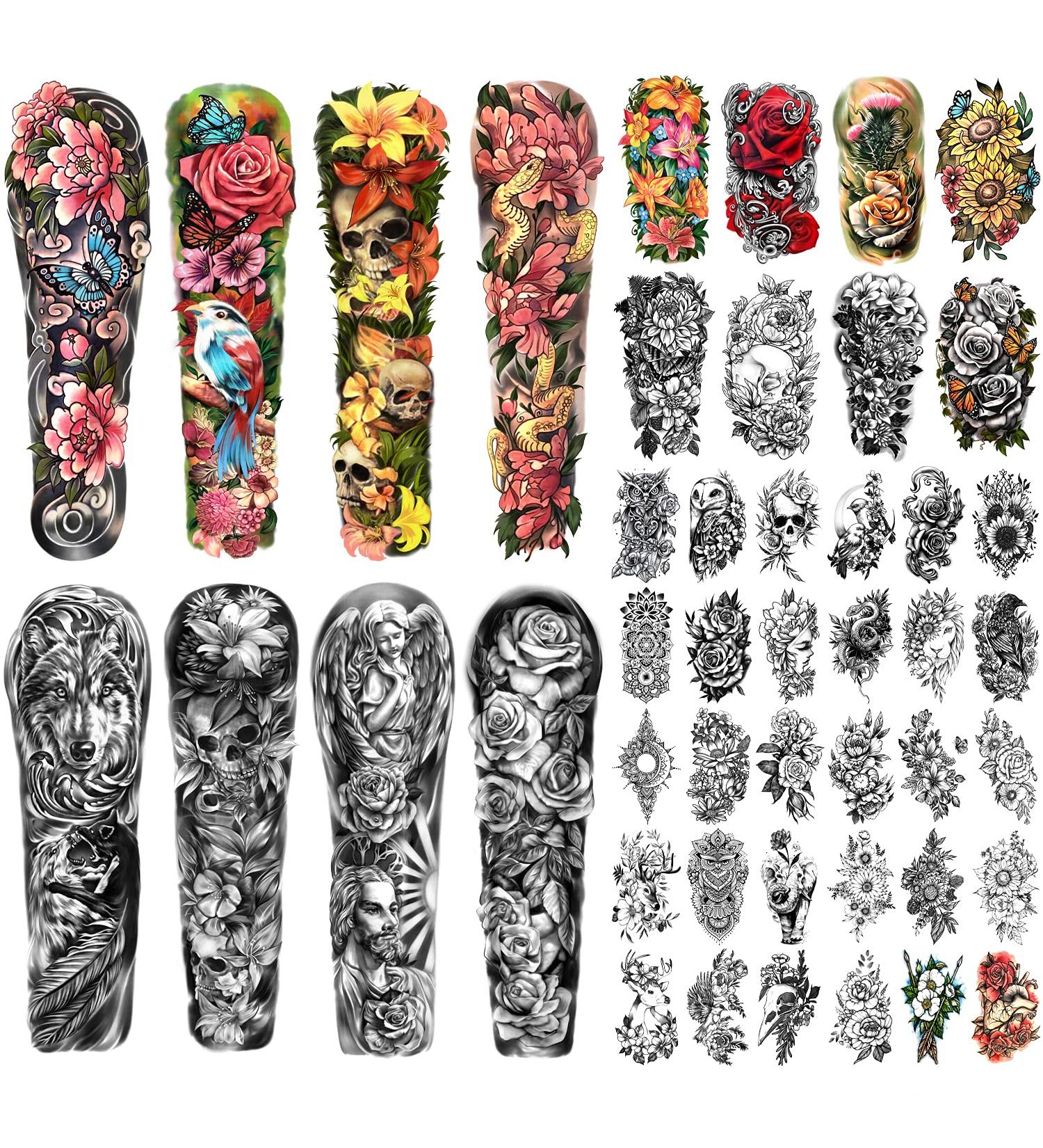SOOVSY Extra Size Full Arm Temporary Tattoo: Skull Wolf Angel Floral Butterfly Half Arm Shoulder Design for Men & Women - Color-02 - Buy Online on GoSupps.com