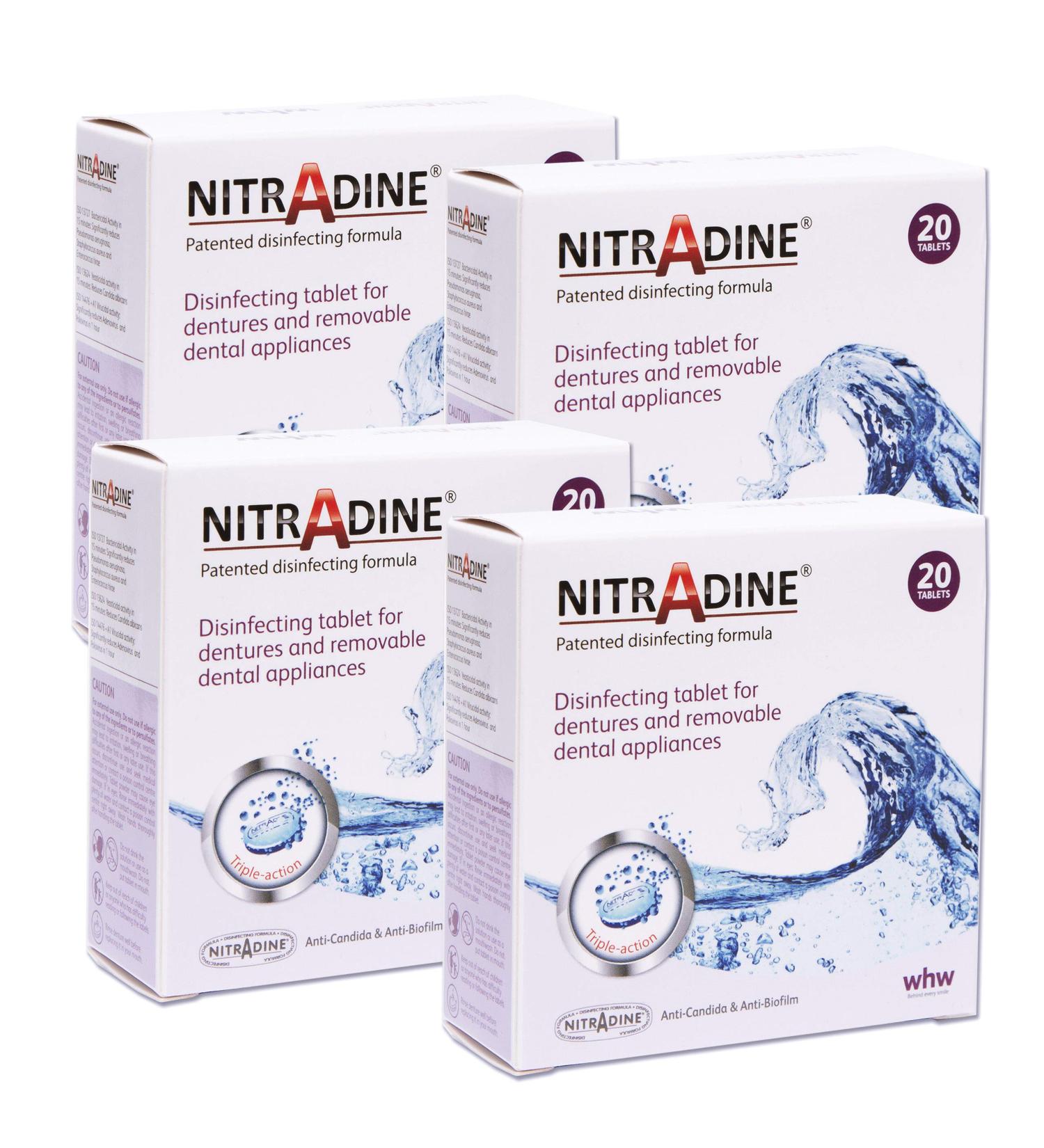 Nitradine Tablets x 4 Boxes (80 Tablets) Cleaning & Disinfecting Ortho & Denture