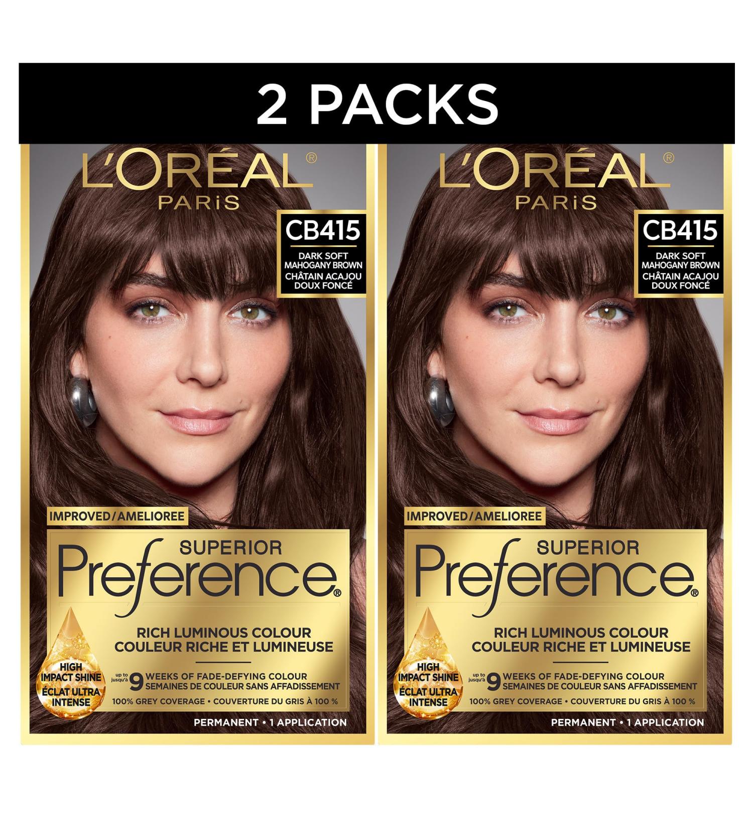 L'Oreal Paris Superior Preference Hair Dye Hair Color for Women CB415 Dark Soft Mahogany Brown Hair Dye Permanent Hair Color 100% Grey Coverage 9 weeks of Luminous Fade-Defying 1 Hair Dye Kit (Pack of 2) (Packaging May Vary) Dark Soft Mahogany Brown Brown - Buy Online on GoSupps.com