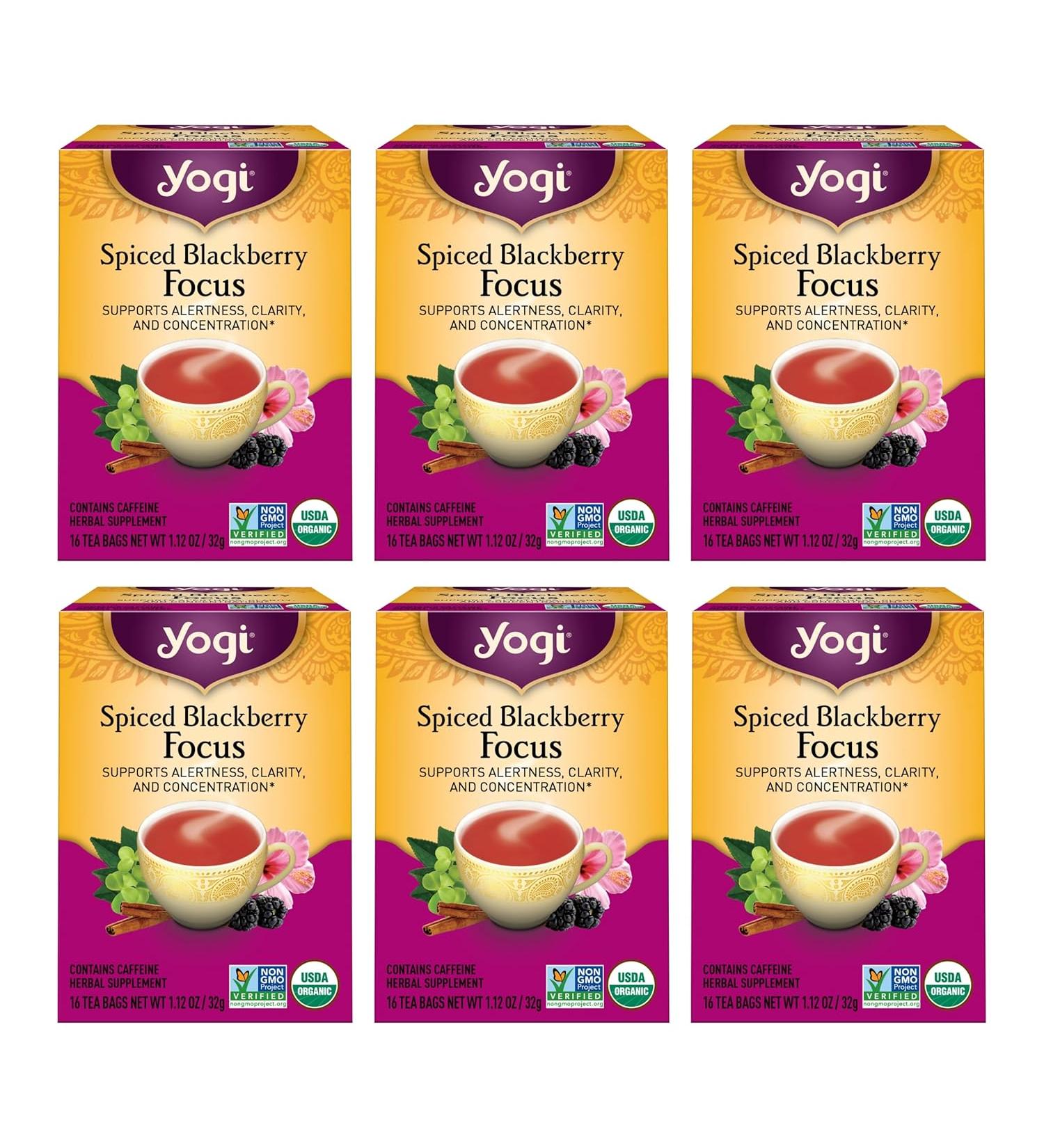 Yogi Spiced Blackberry Focus Herbal Tea Contains Caffeine Vegan Friendly Kosher USDA Certified Organic 16 Tea Bags - Pack of 6 - Buy Online on GoSupps.com