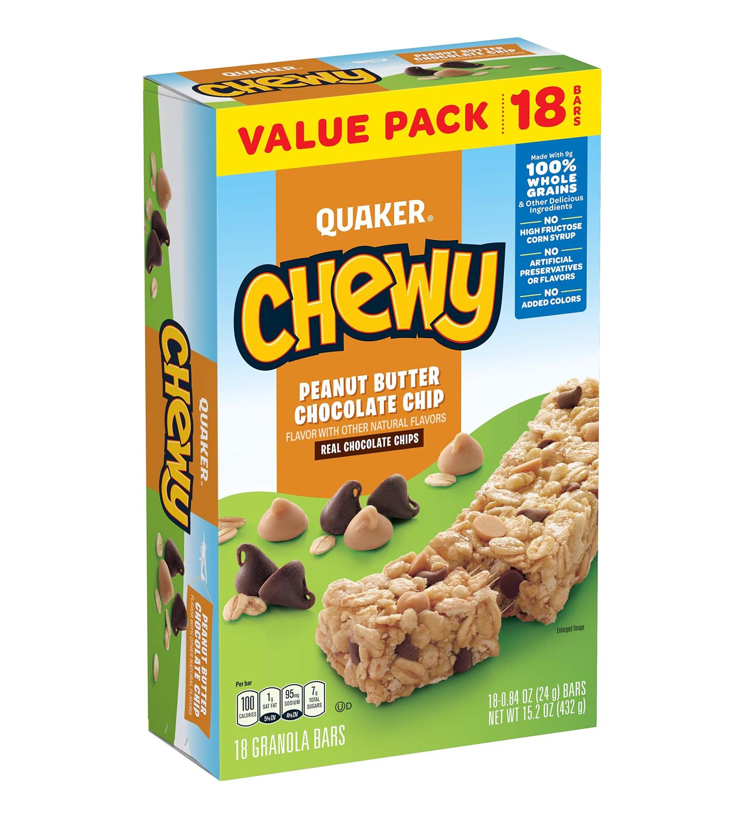 Quaker Chewy Peanut Butter Chocolate Chip Bars 15.2oz - 18 Count Pack | Peanut Butter Chocolate Chip Snack Bars for a Delicious Treat - Buy Online on GoSupps.com