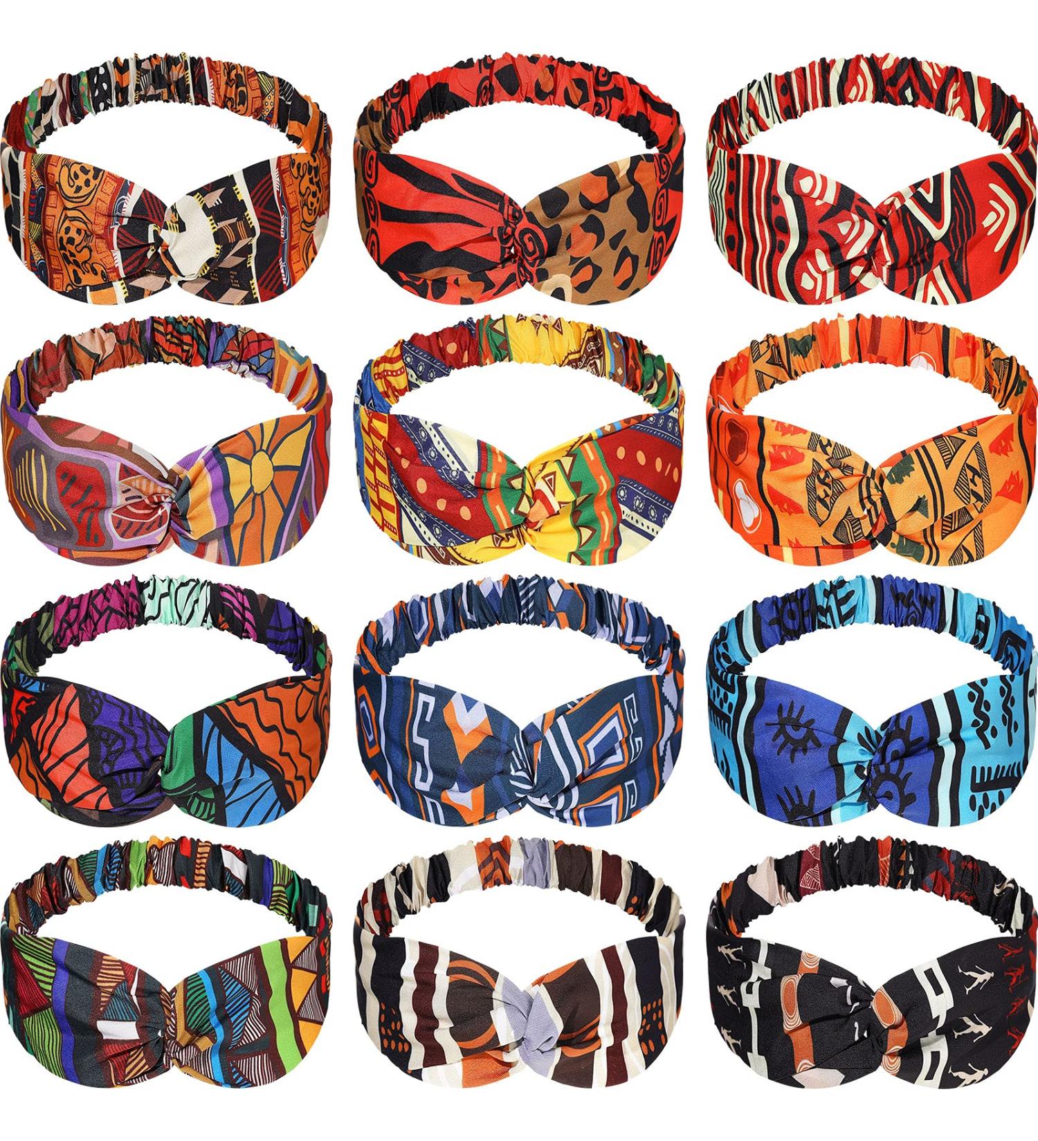 African Boho Print Headbands - Set of 12 | Twist Knot Elastic Hair Bands for Women & Girls - Ideal for Workout, Yoga, Sports - Vintage Criss Cross Headband Accessories - Buy Online on GoSupps.com